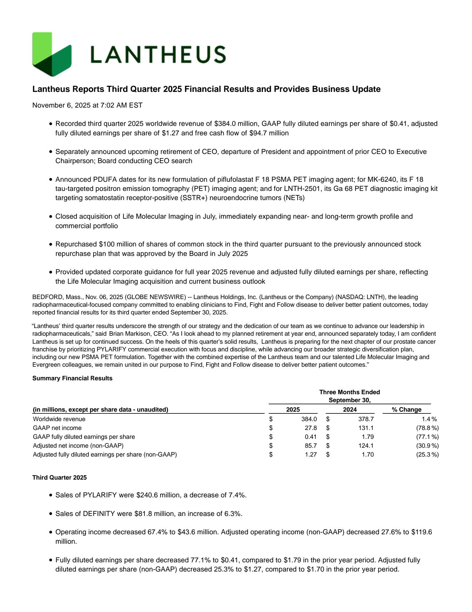 Lantheus' Q3 2025 Earnings Release