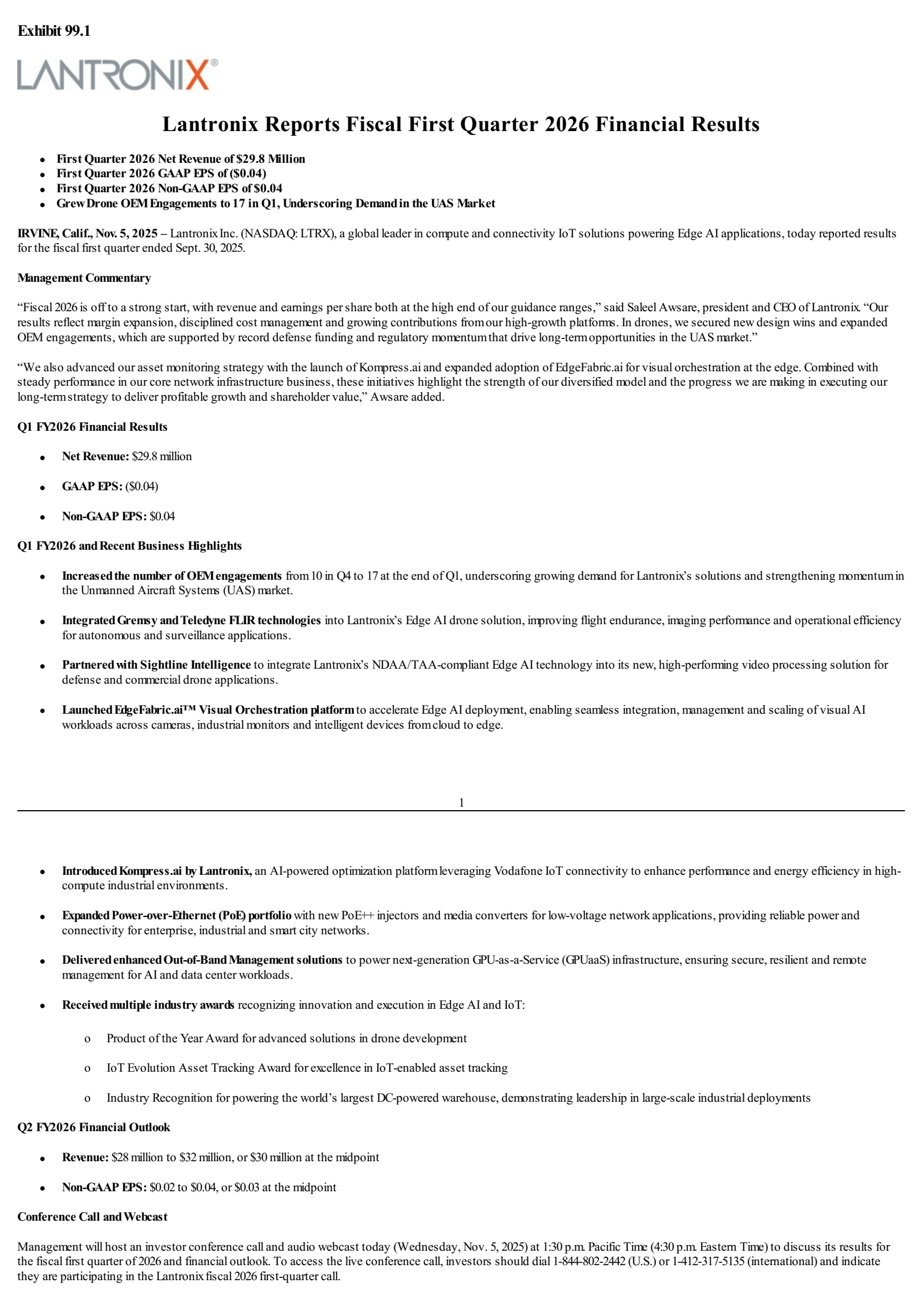 Lantronix's Q1 2026 Press Release