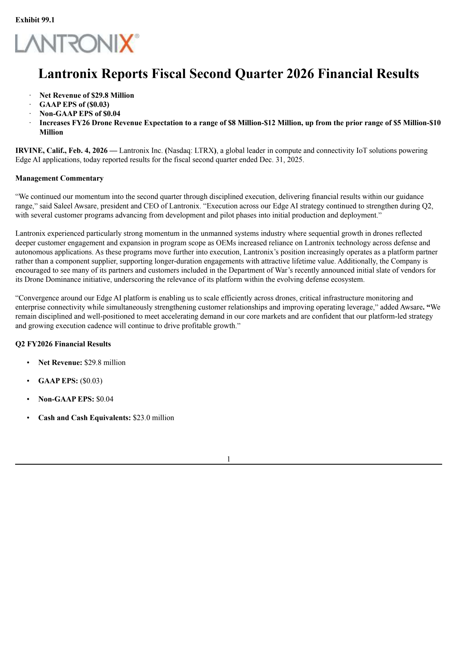 Lantronix's Q2 2026 Press Release