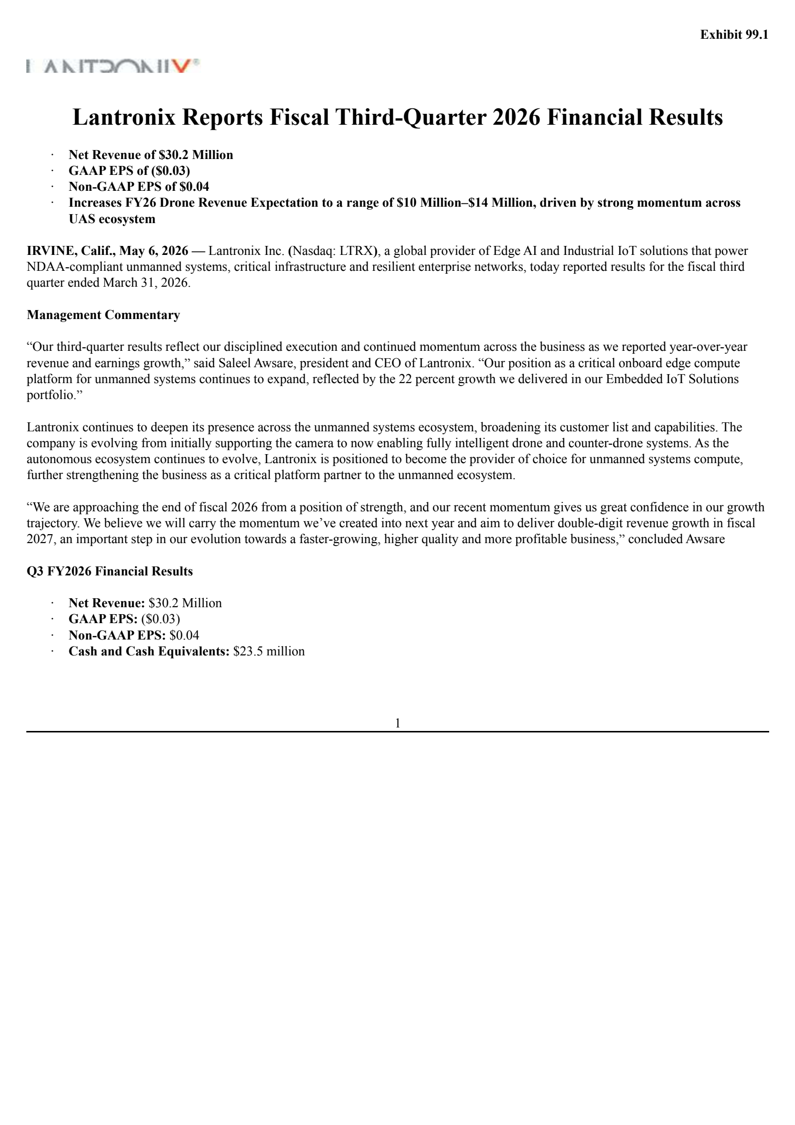 Lantronix's Q3 2026 Press Release