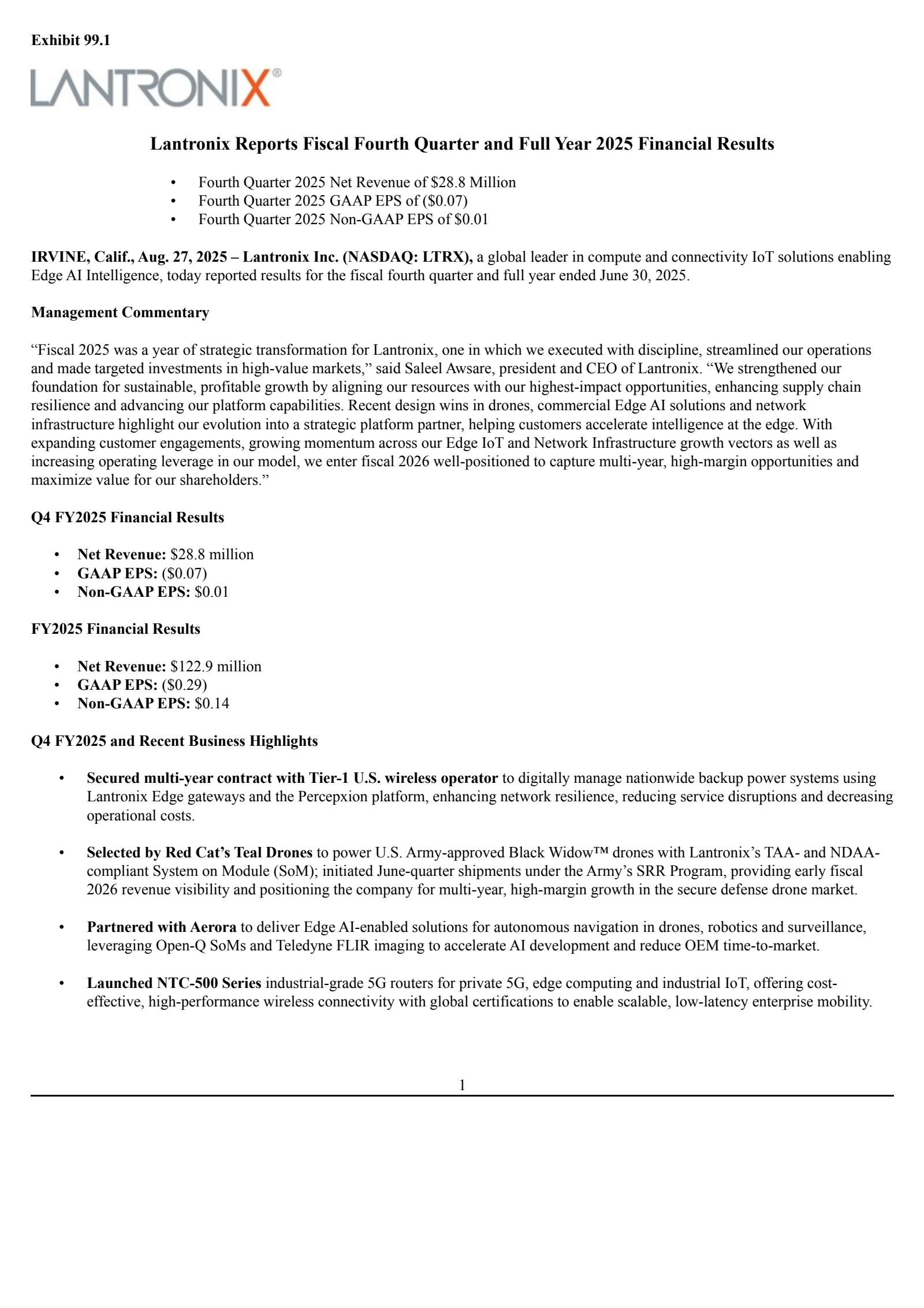 Lantronix's Q4 2025 Press Release