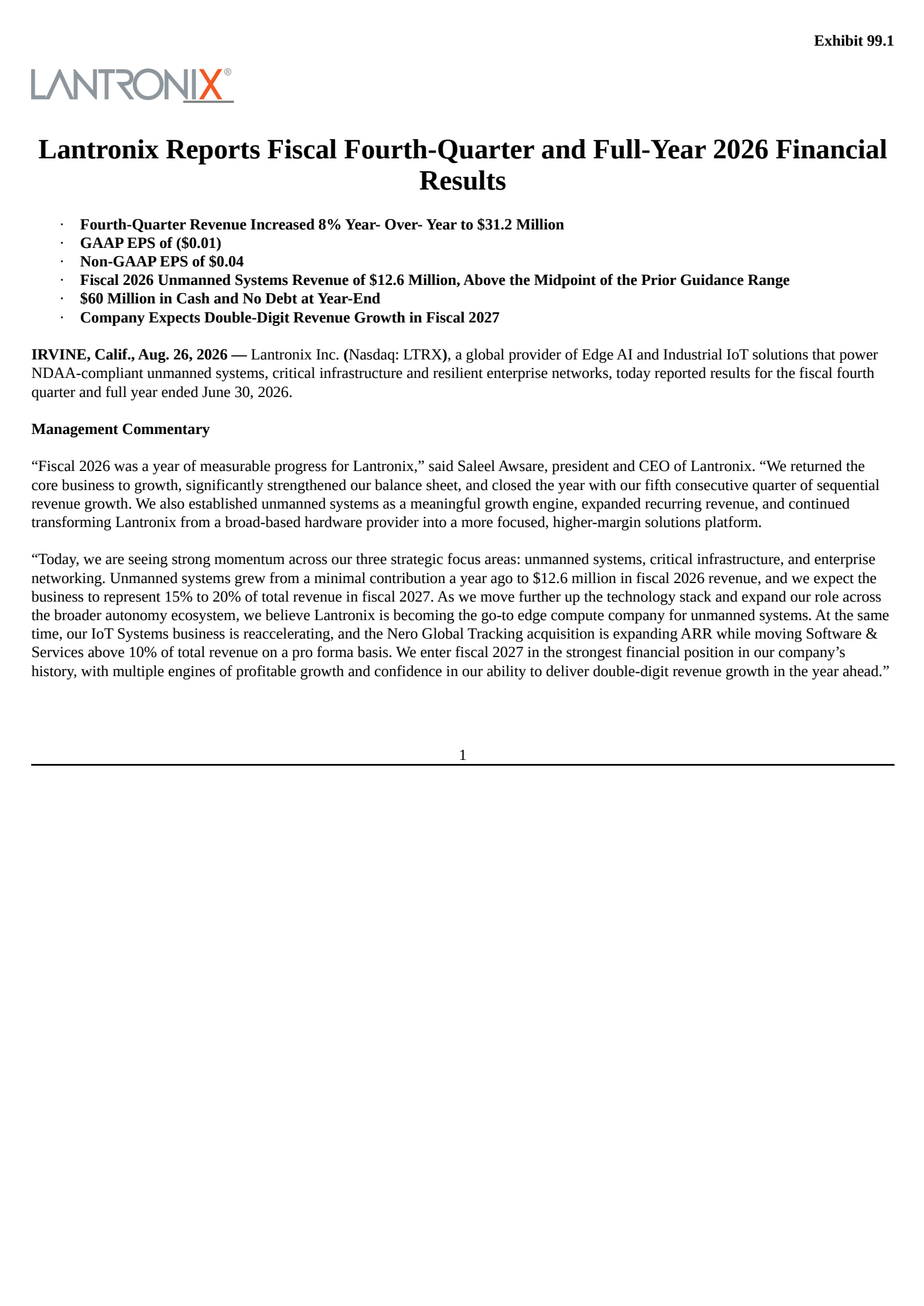 Lantronix's Q4 2026 Press Release
