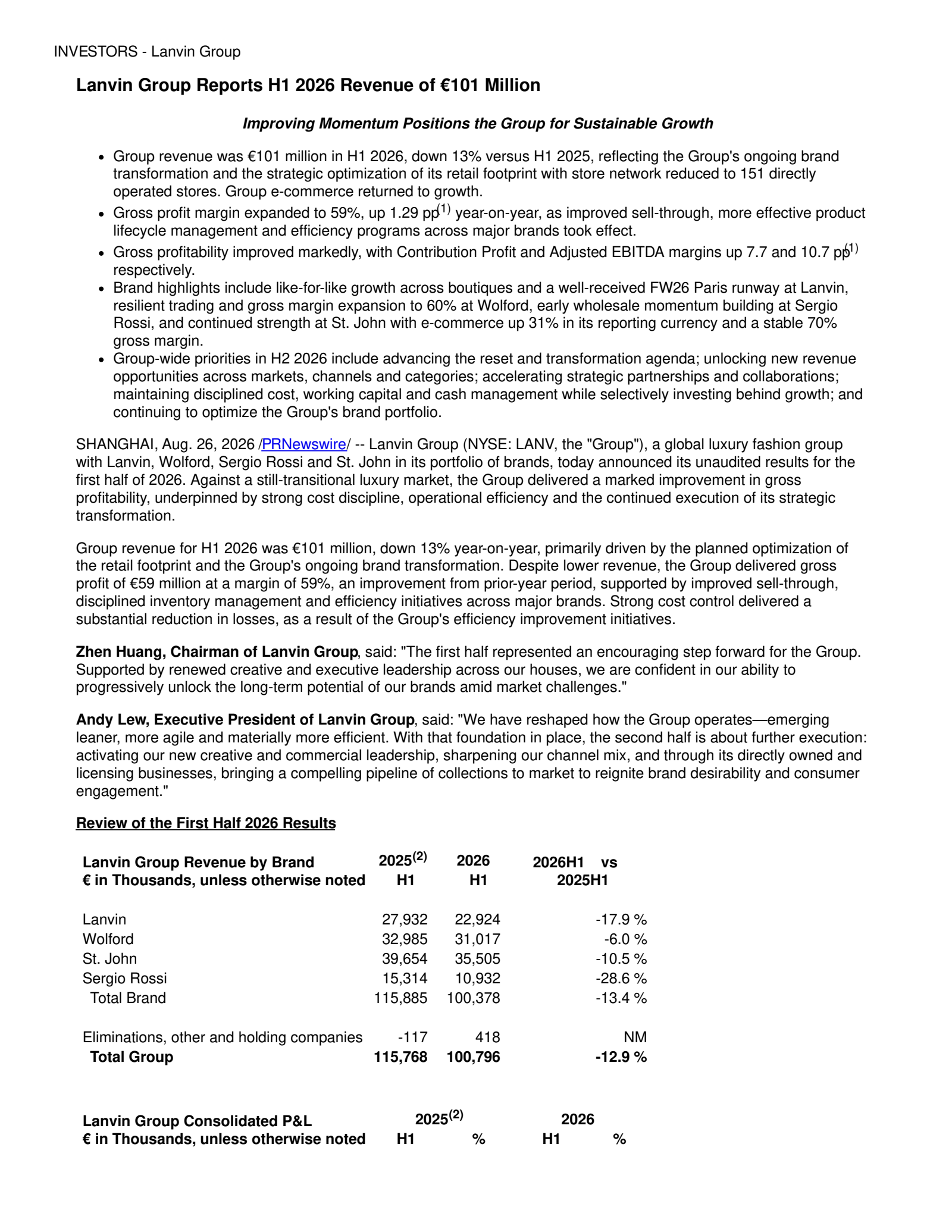 Lanvin Group's Q2 2026 Press Release