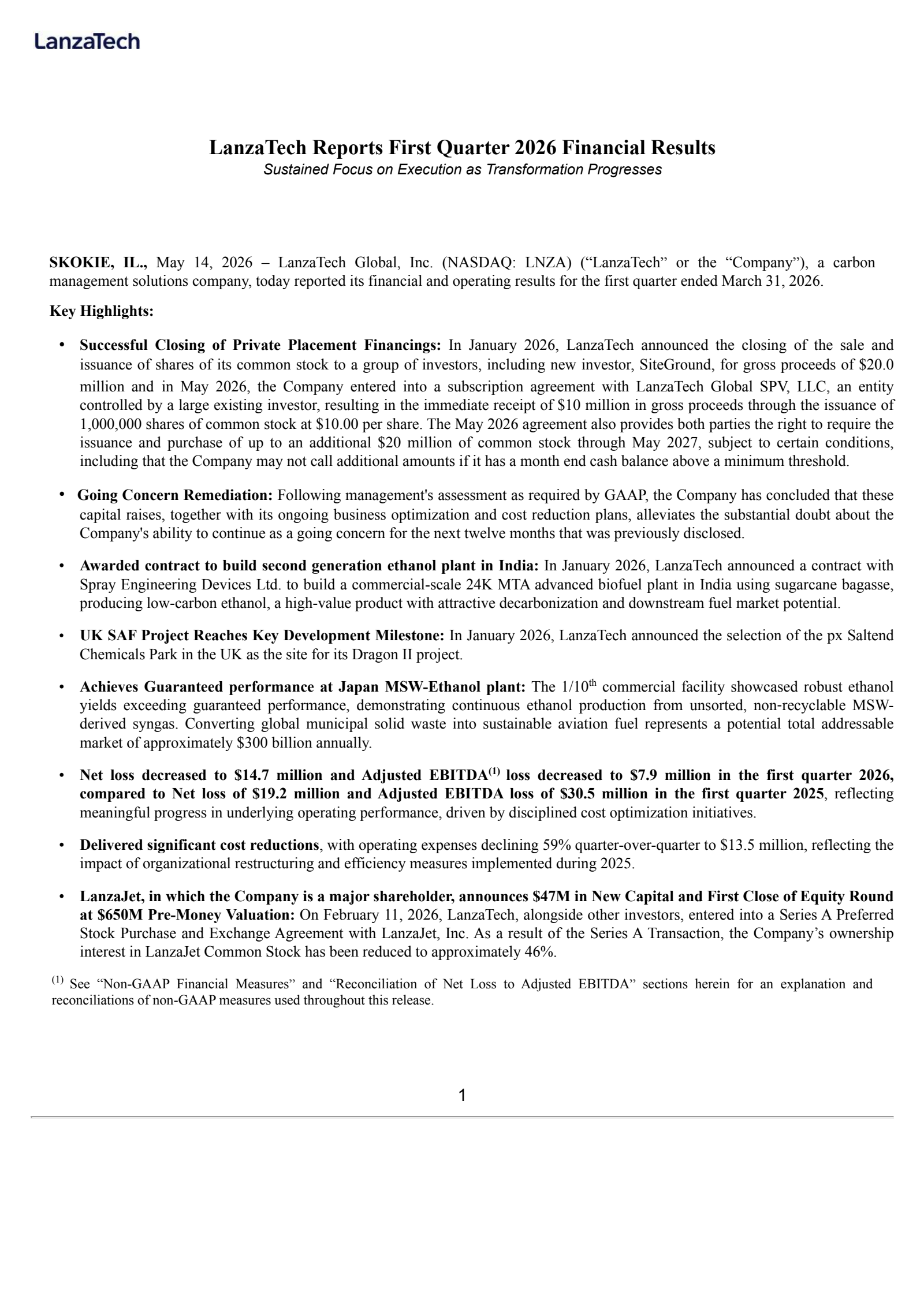 LanzaTech Global's Q1 2026 Press Release