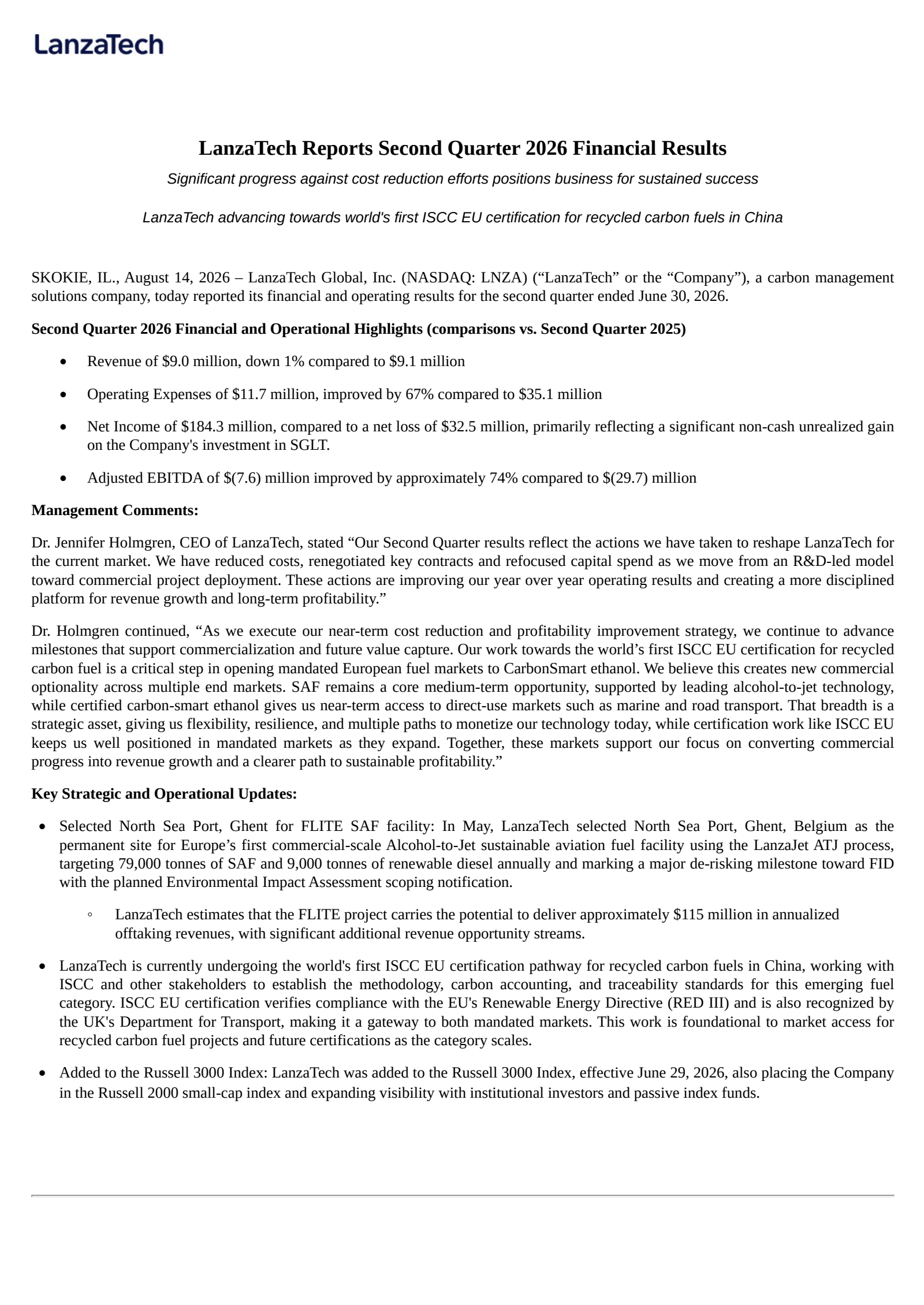 LanzaTech Global's Q2 2026 Press Release