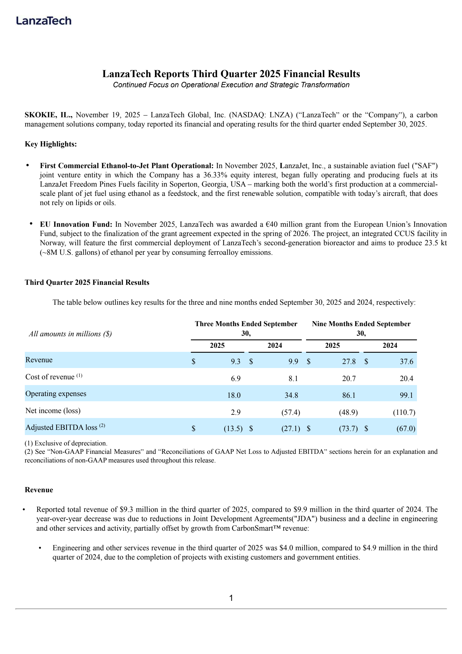 LanzaTech Global's Q3 2025 Earnings Release