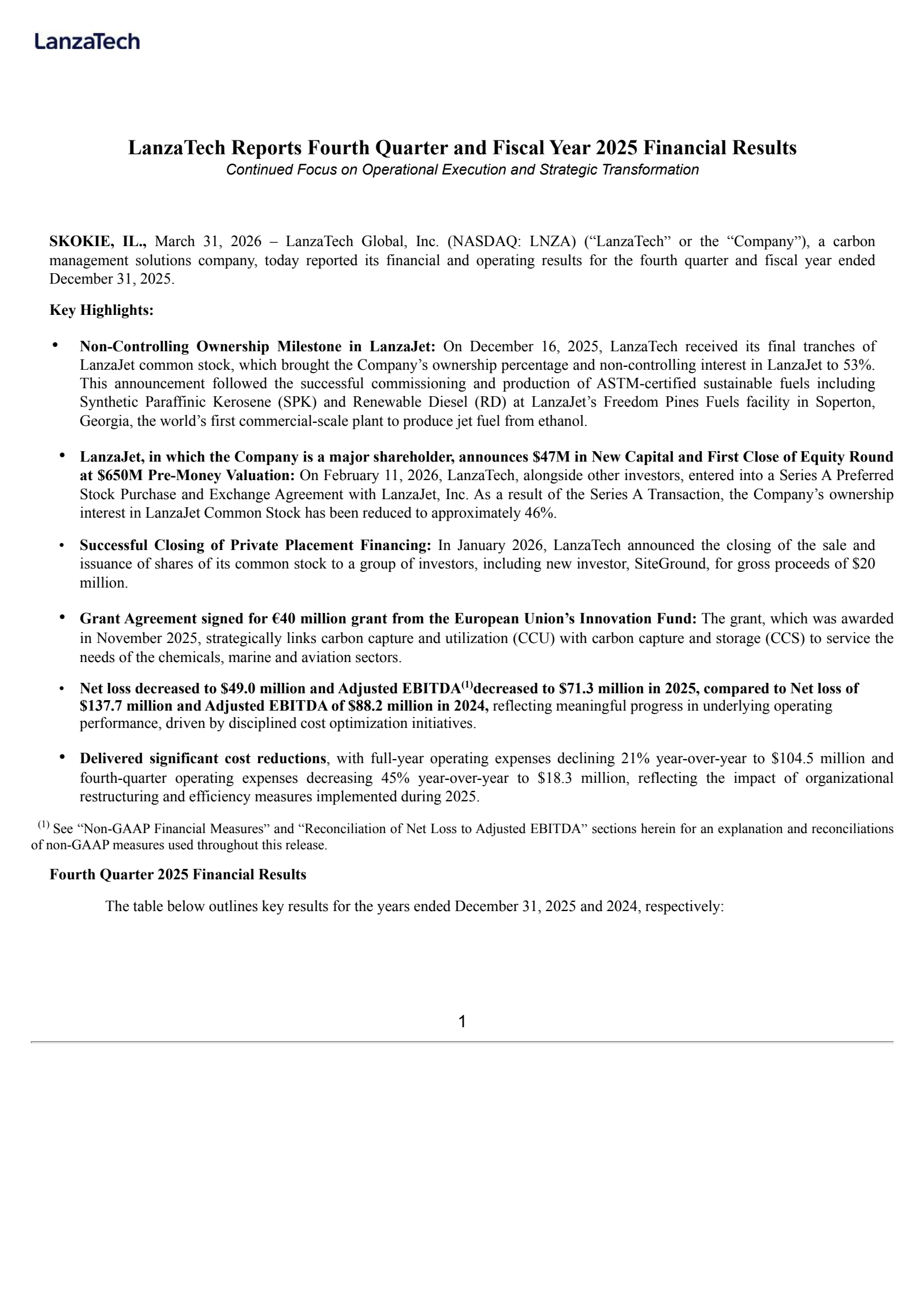 LanzaTech Global's Q4 2025 Press Release