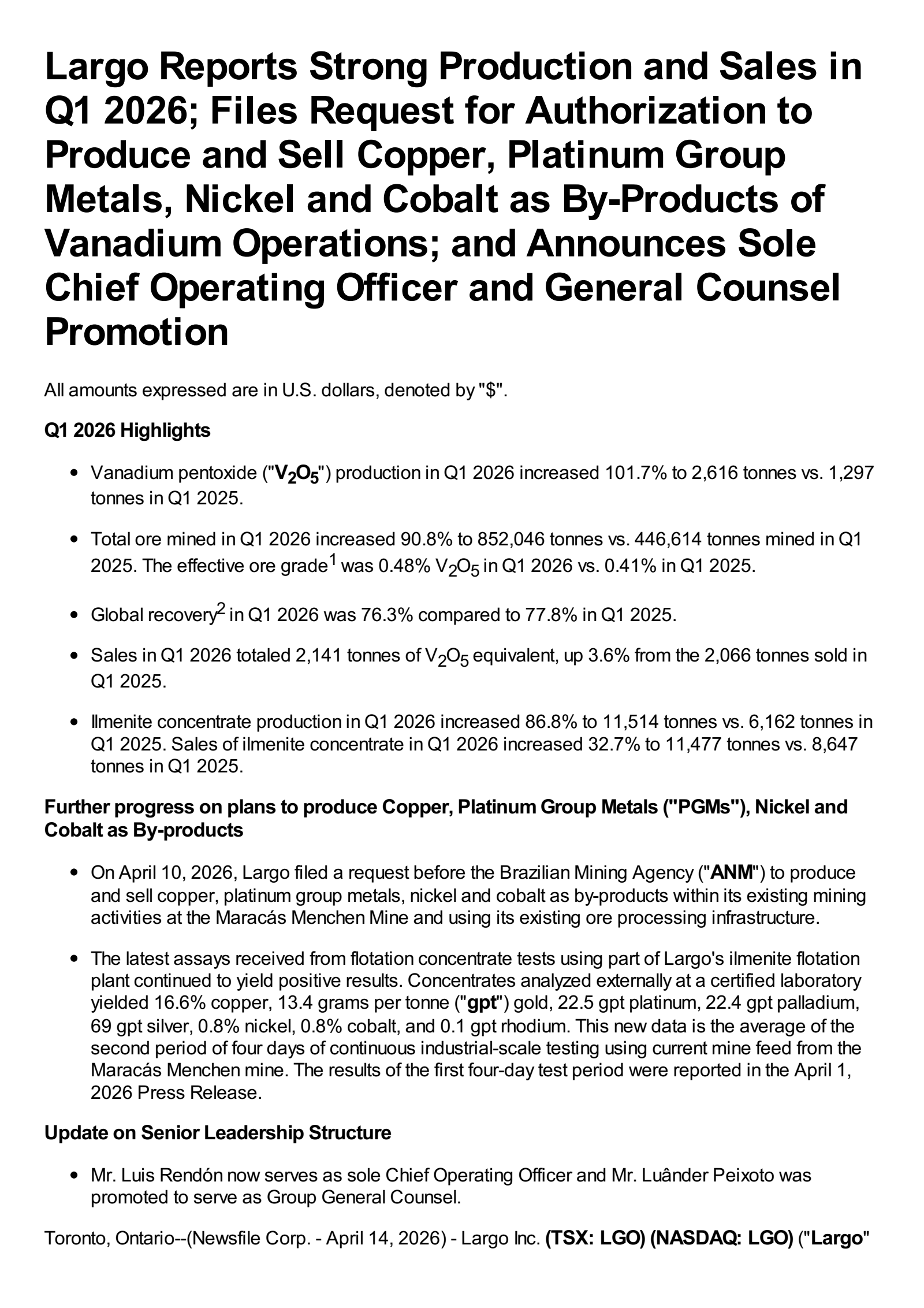 Largo's Q1 2026 Press Release
