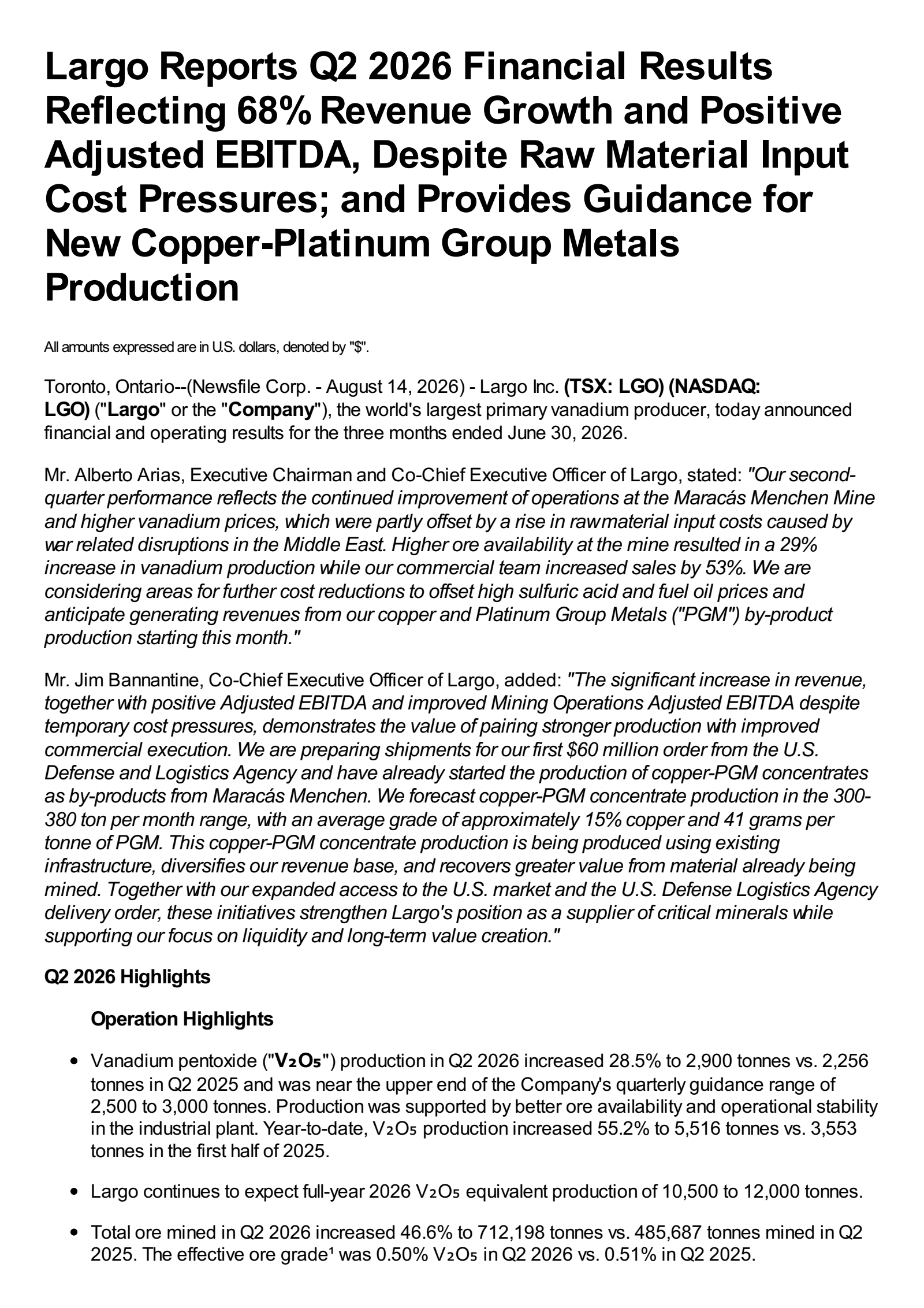 Largo's Q2 2026 Press Release