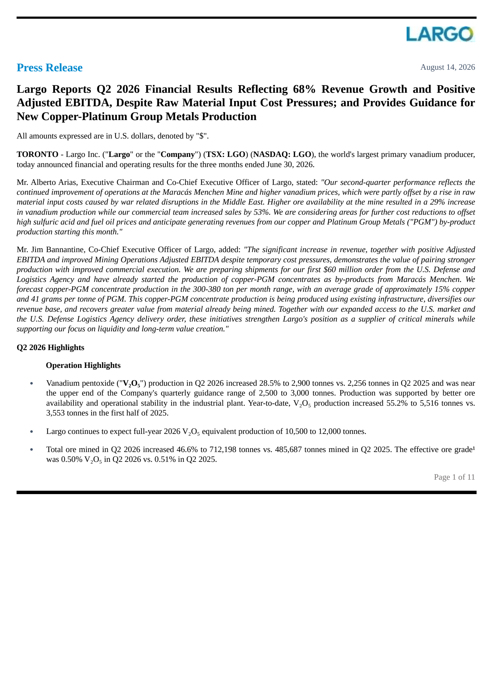 Largo's Q2 2026 Press Release