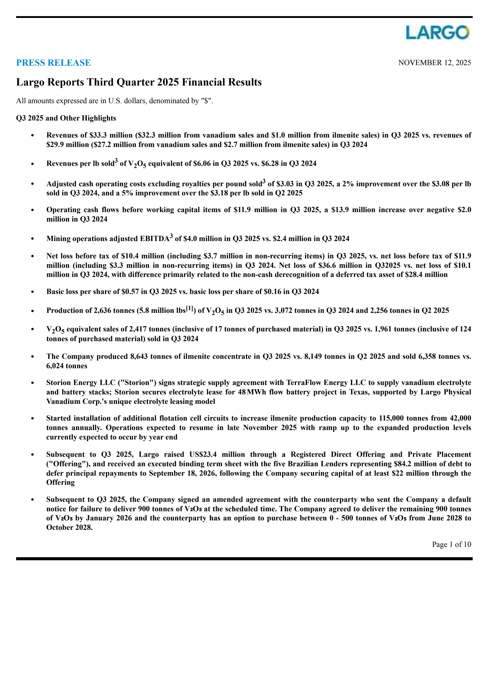 Largo's Q3 2025 Earnings Release