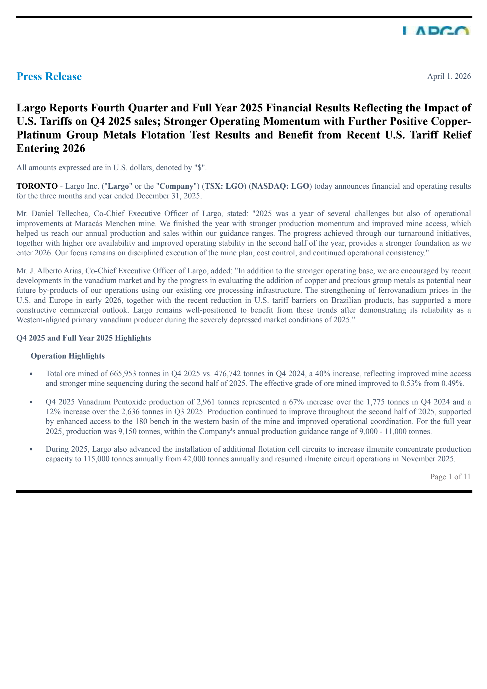 Largo's Q4 2025 Press Release