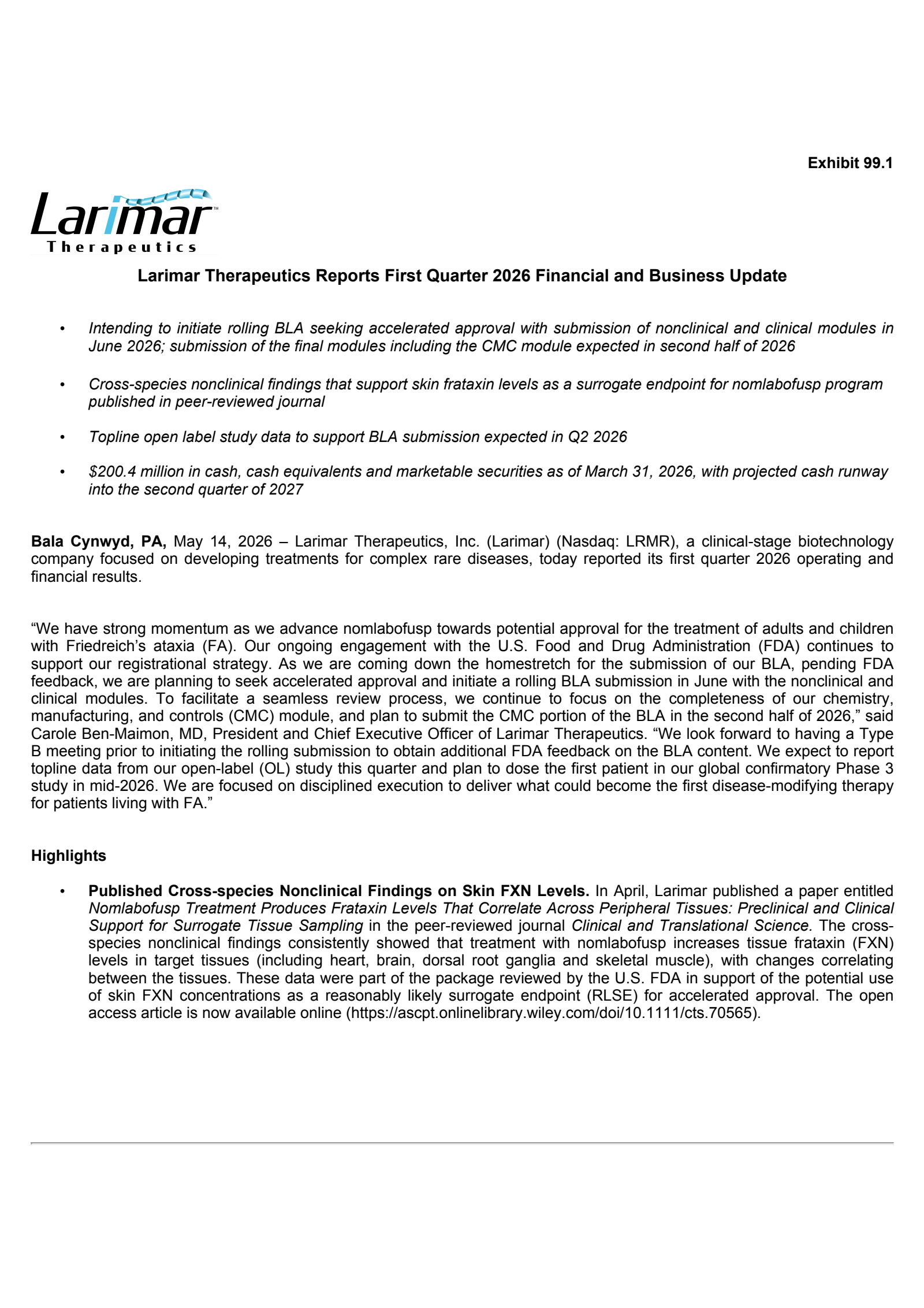 Larimar Therapeutics' Q1 2026 Press Release