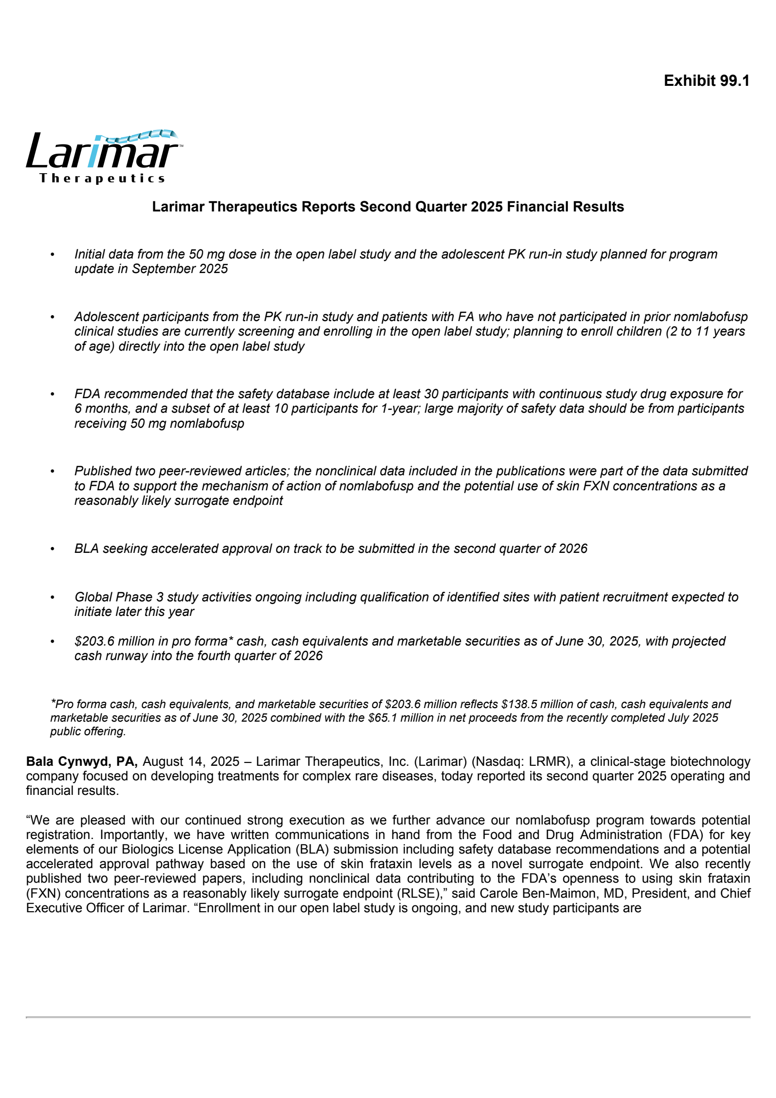 Larimar Therapeutics' Q2 2025 Press Release