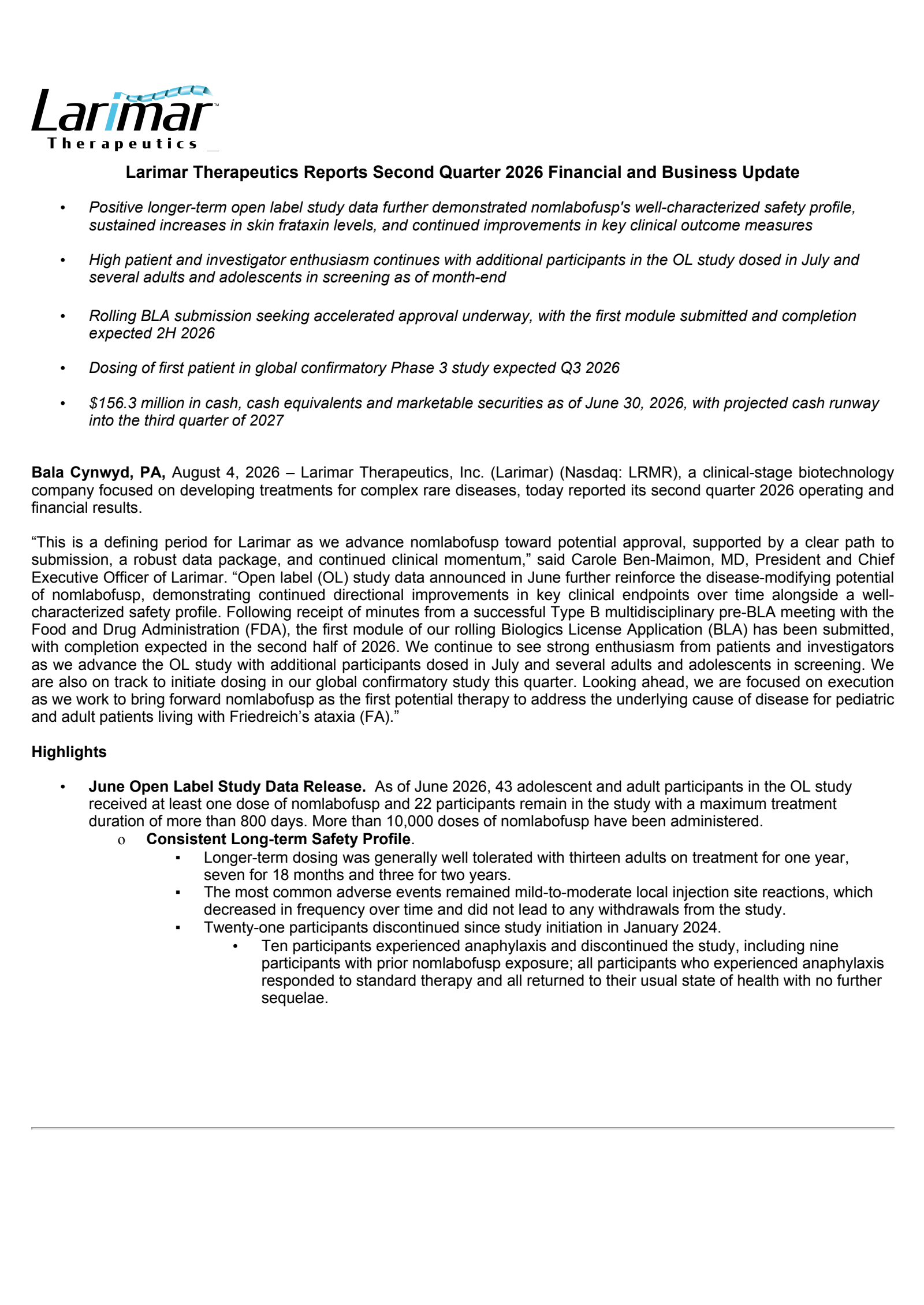 Larimar Therapeutics' Q2 2026 Press Release
