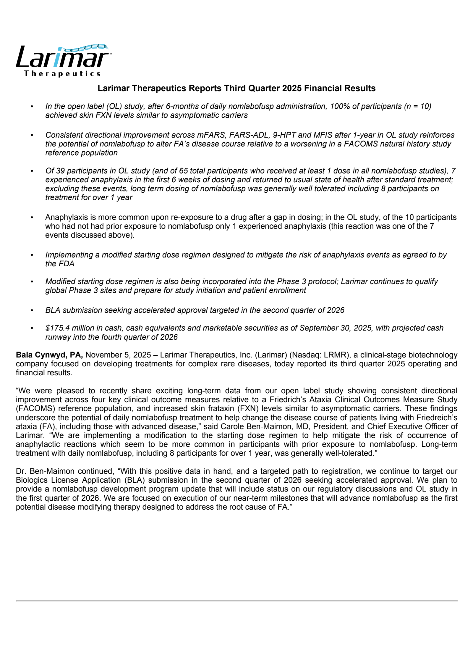 Larimar Therapeutics' Q3 2025 Earnings Release