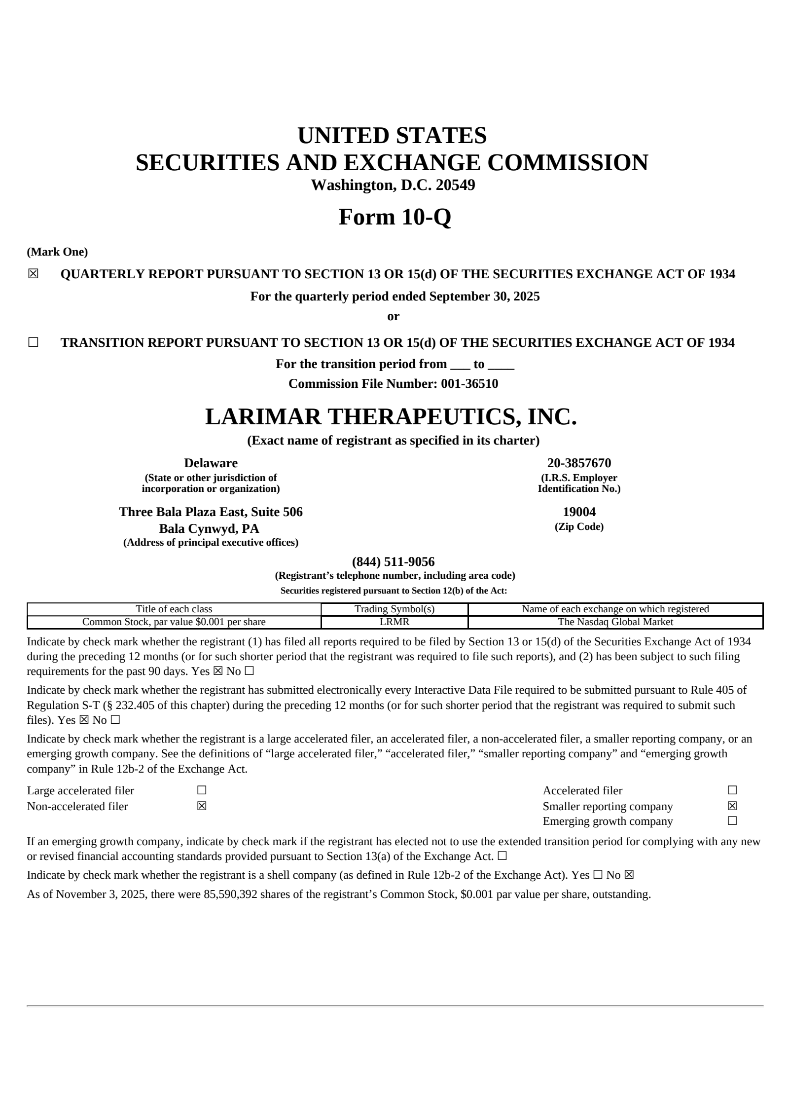 Larimar Therapeutics' Q3 2025 Quarterly Report