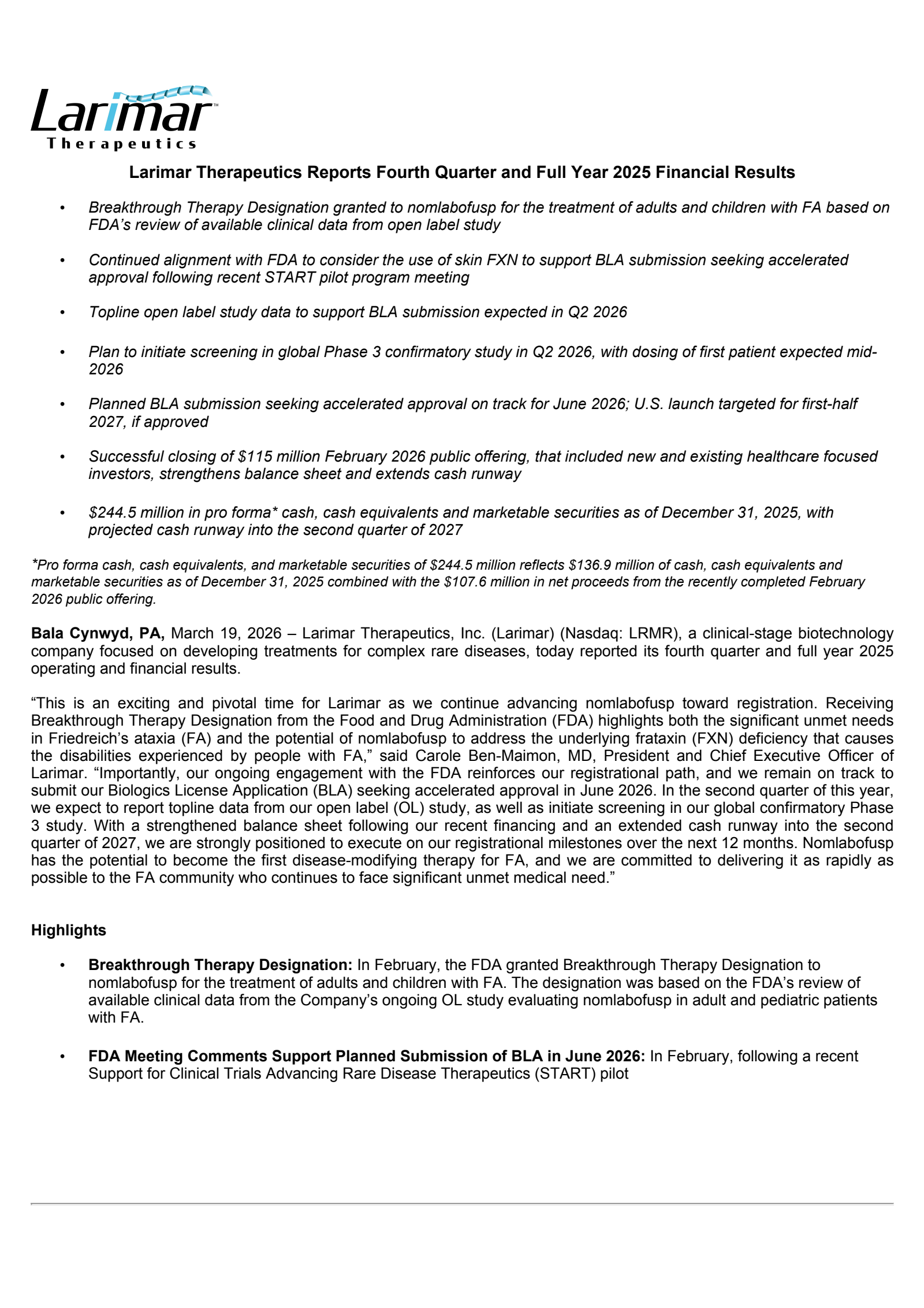 Larimar Therapeutics' Q4 2025 Press Release