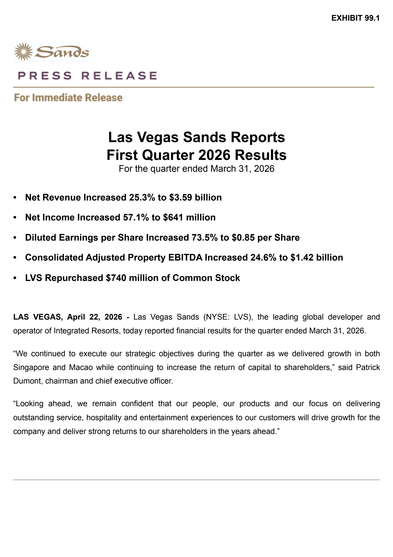 Las Vegas Sands' Q1 2026 Press Release