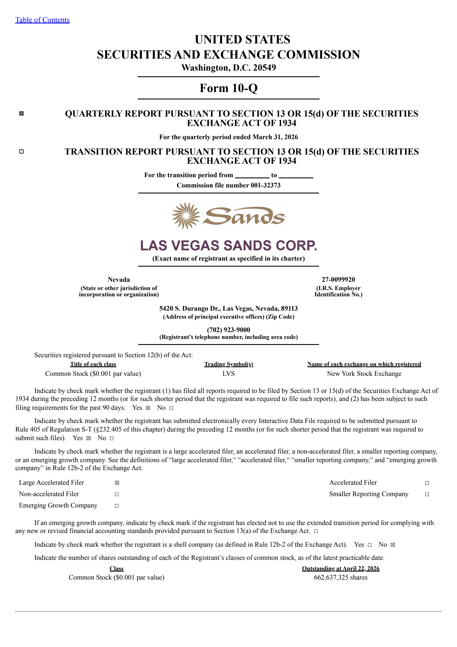 Las Vegas Sands' Q1 2026 Quarterly report
