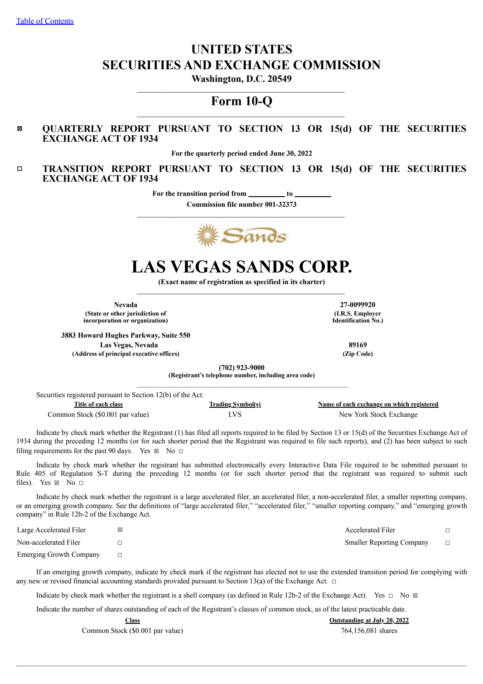 Las Vegas Sands' Q2 2022 Quarterly report