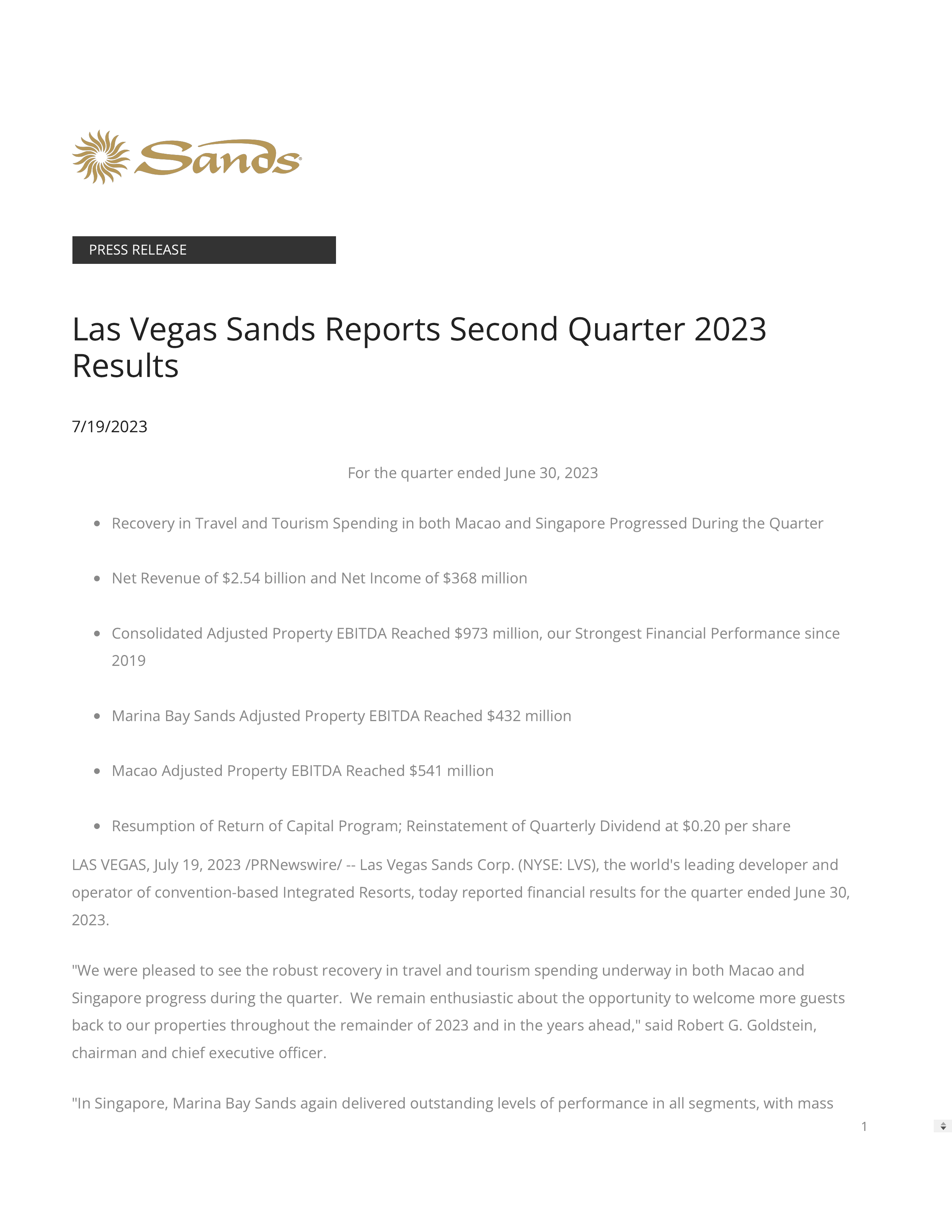 Las Vegas Sands' Q2 2023 Press Release