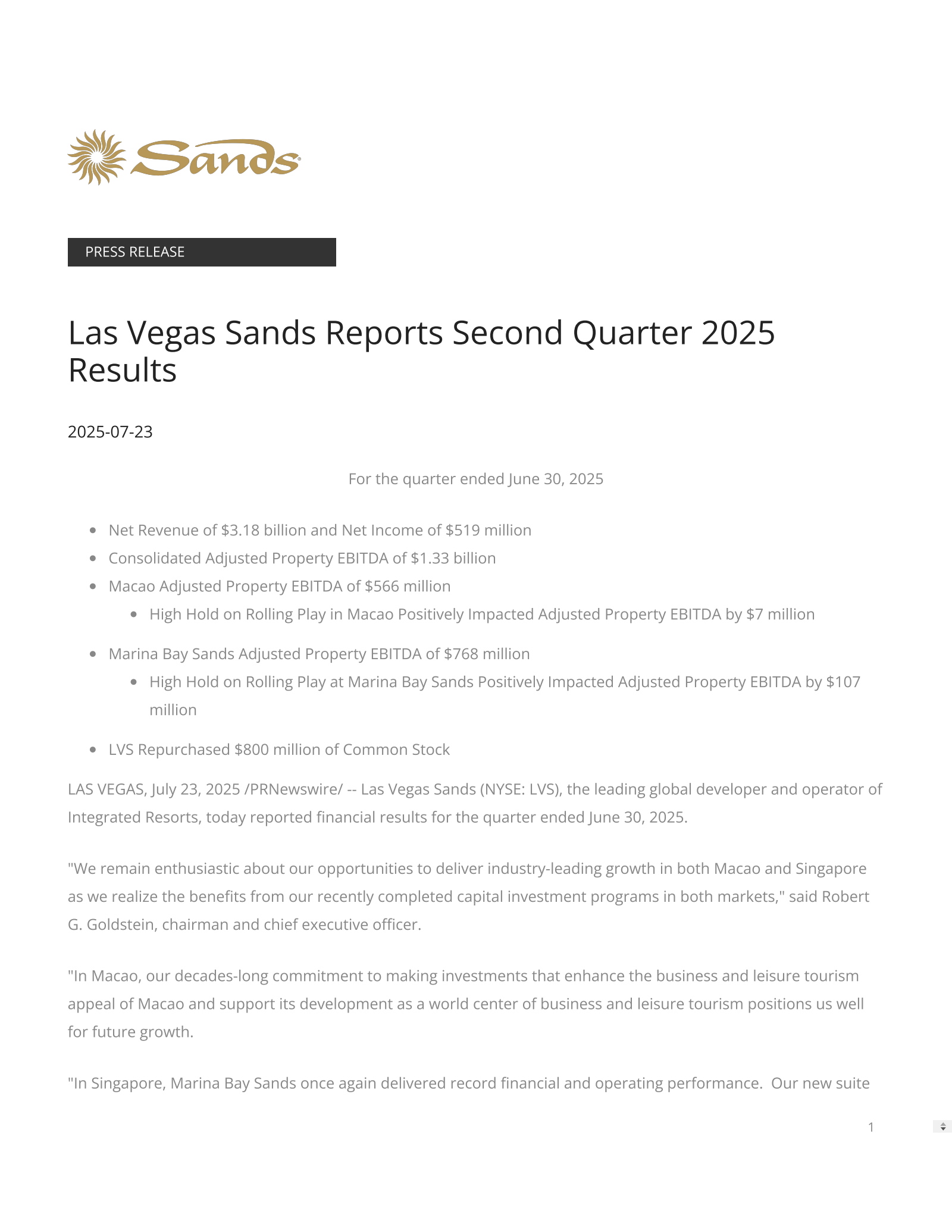Las Vegas Sands' Q2 2025 Press Release