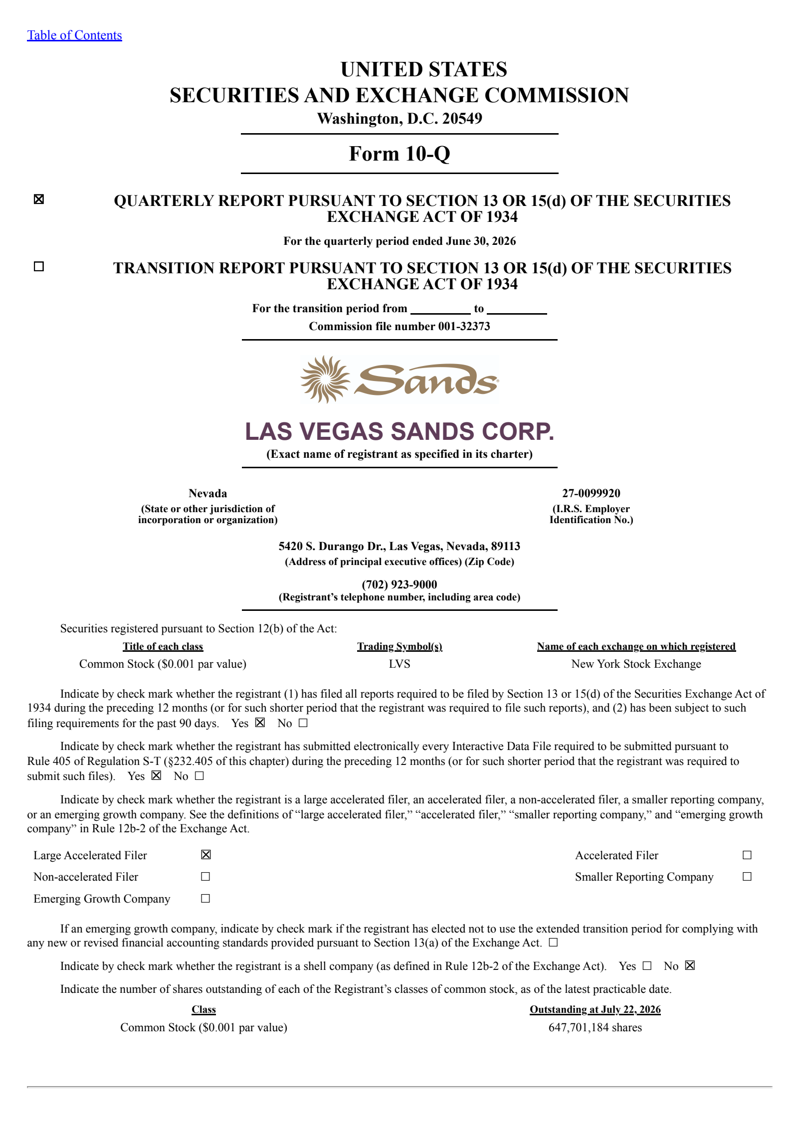 Las Vegas Sands' Q2 2026 Quarterly report