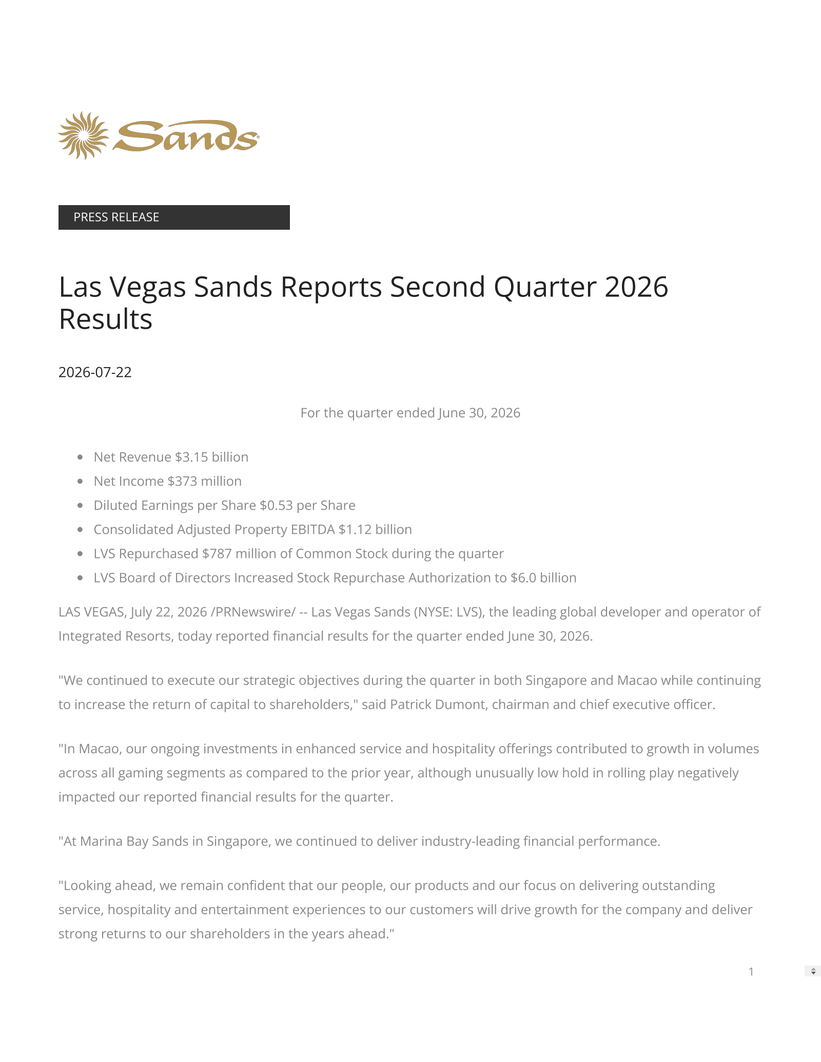 Las Vegas Sands' Q2 2026 Press Release