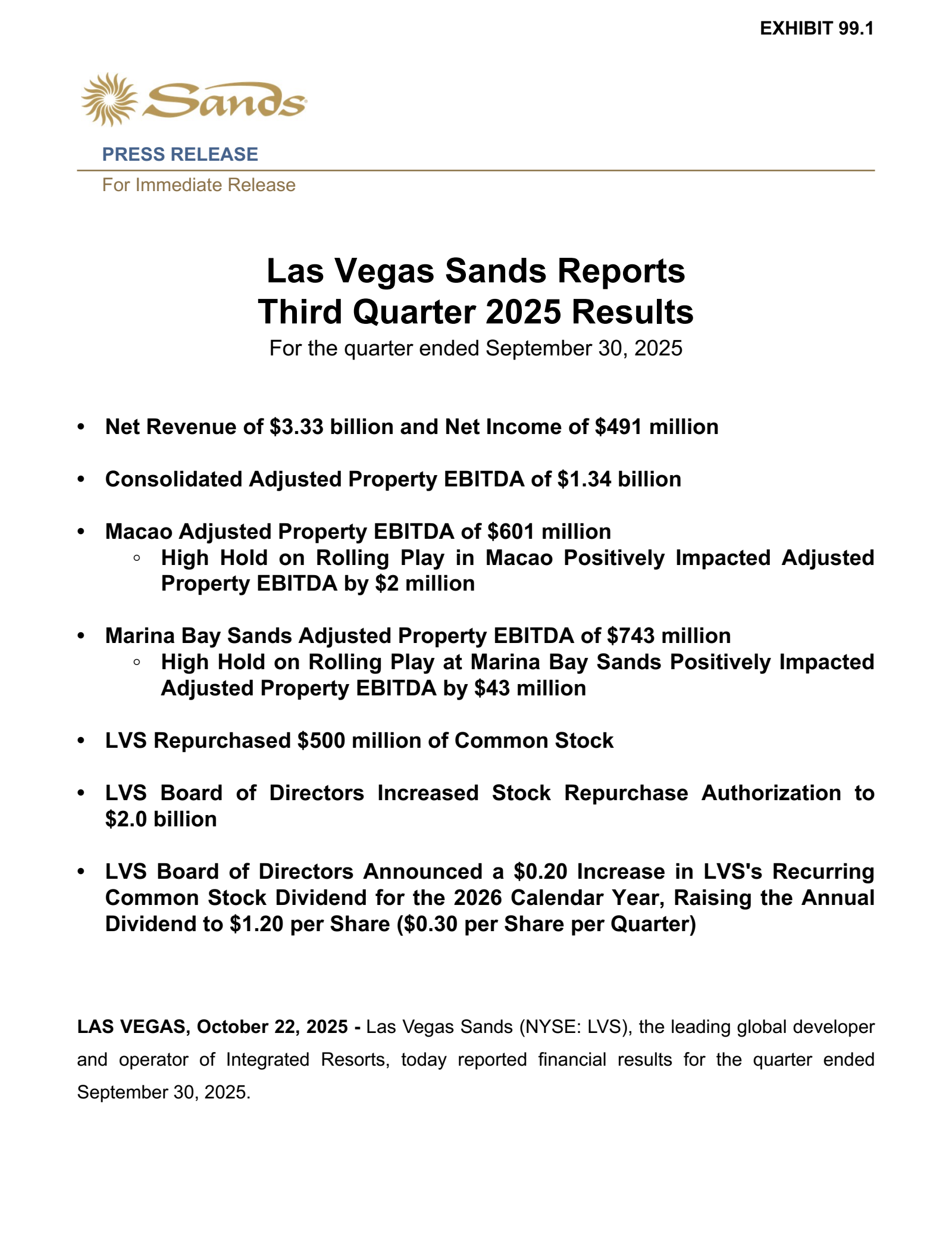 Las Vegas Sands' Q3 2025 Earnings Release