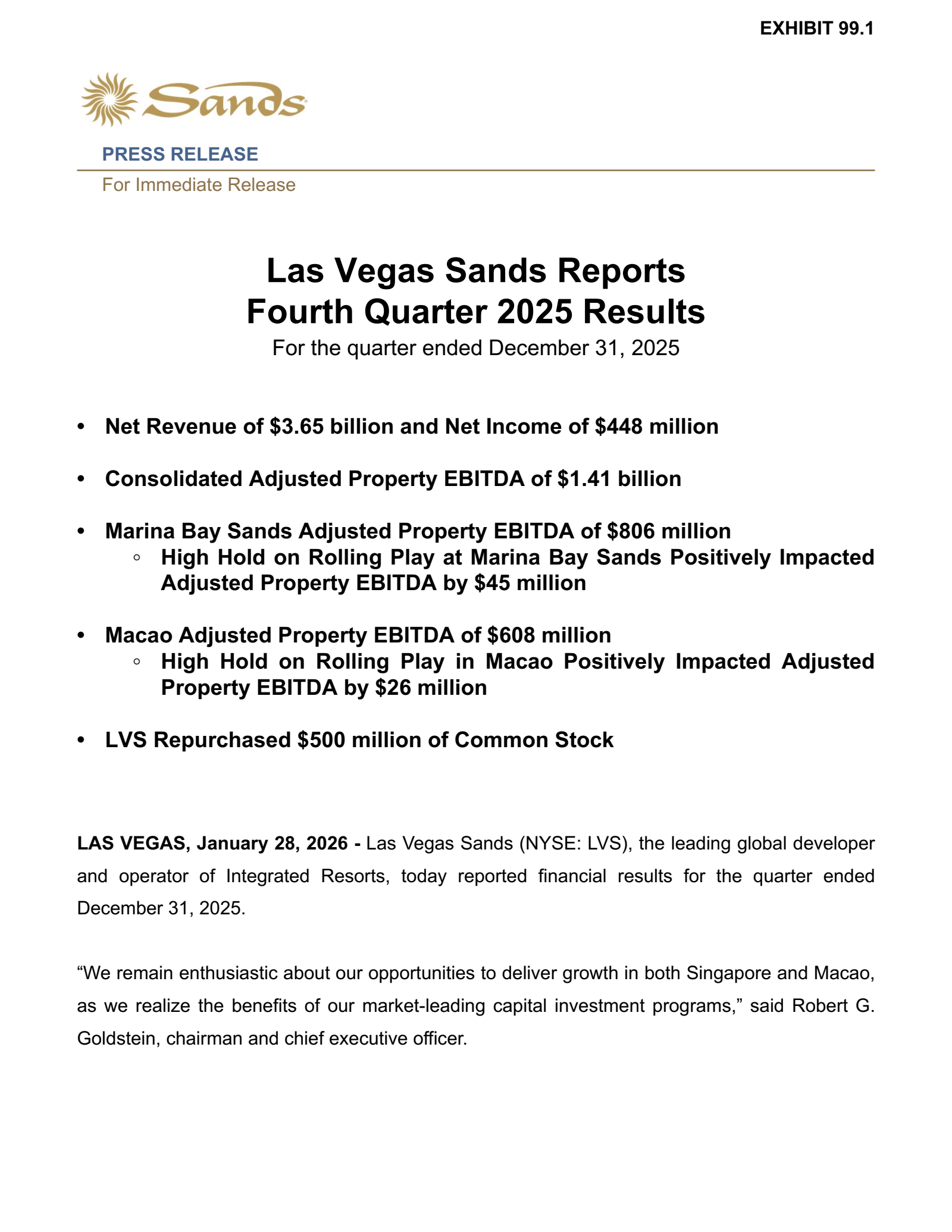 Las Vegas Sands' Q4 2025 Press Release