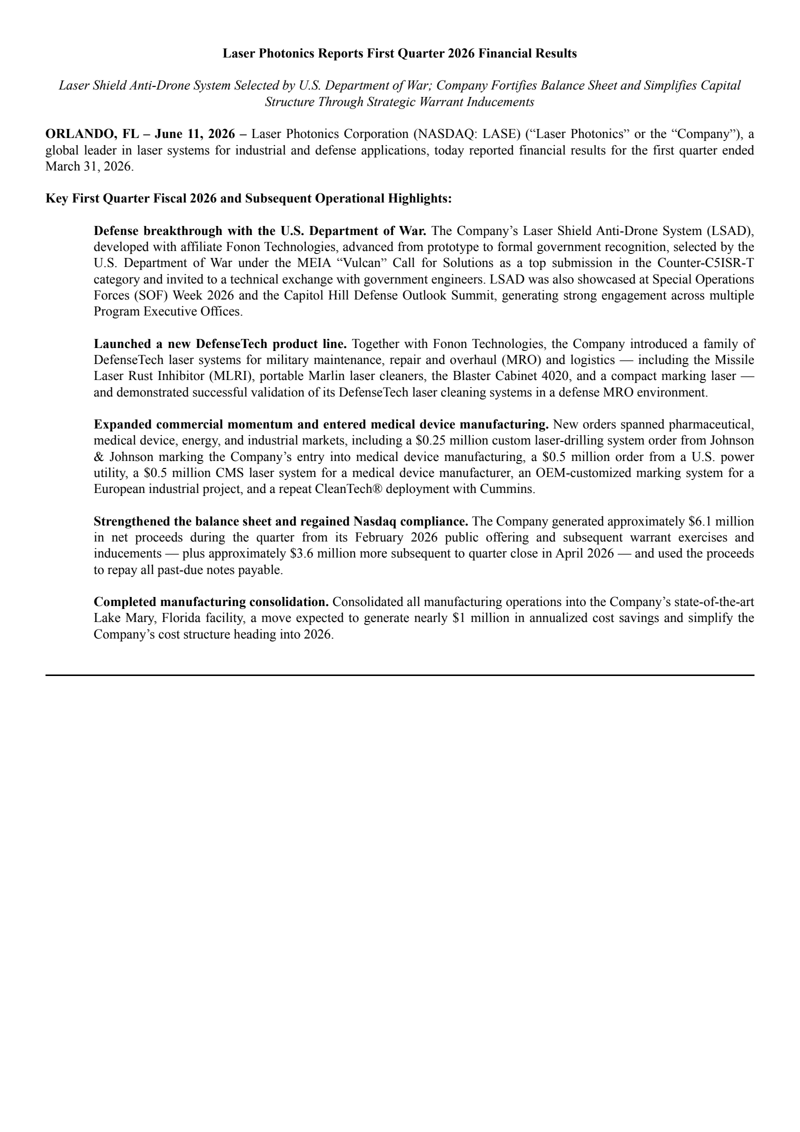 Laser Photonics' Q1 2026 Press Release