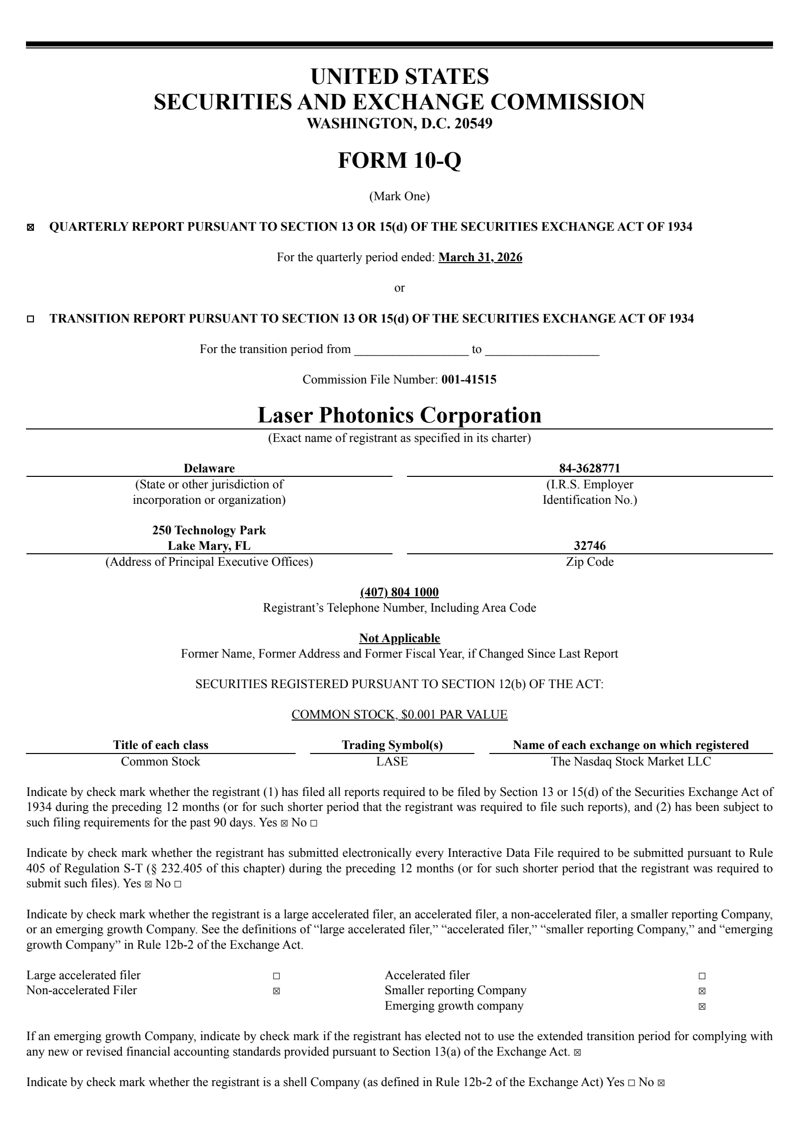 Laser Photonics' Q1 2026 Quarterly report