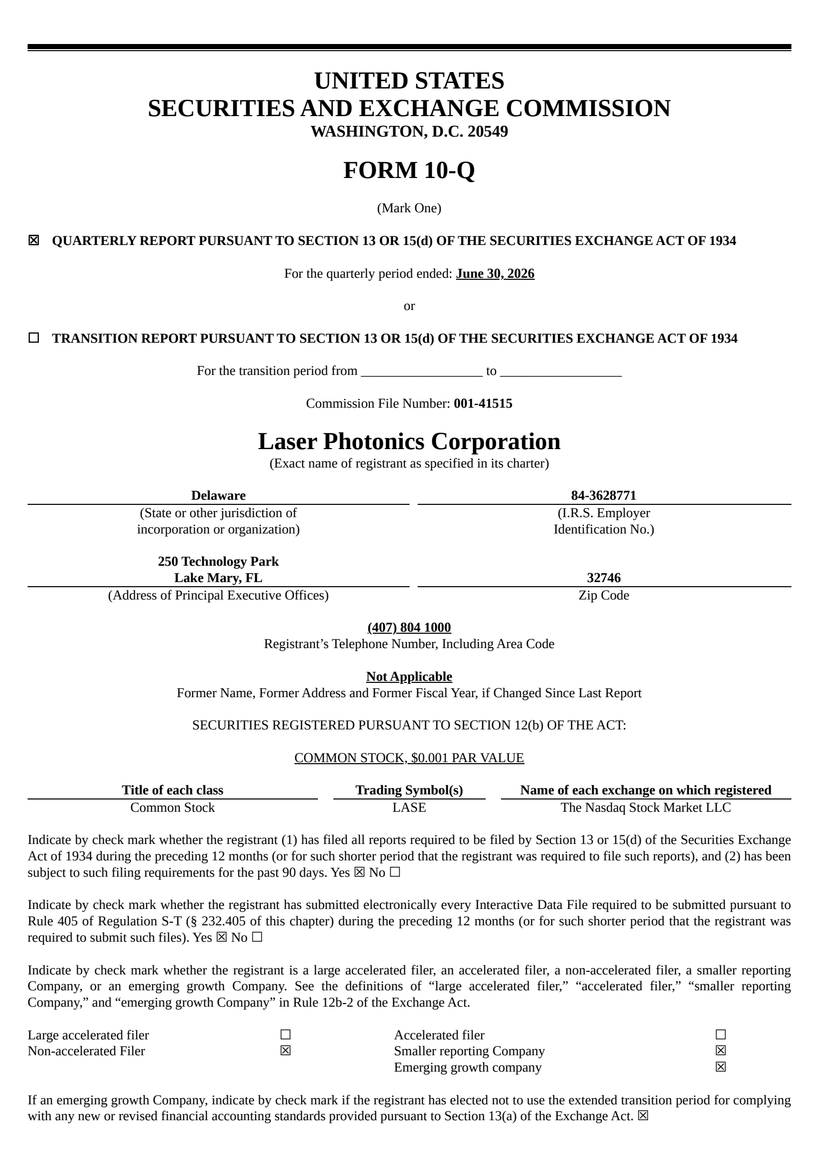 Laser Photonics' Q2 2026 Quarterly report