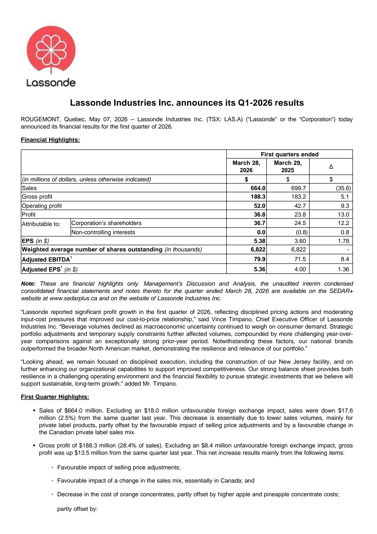 Lassonde Industries' Q1 2026 Press Release