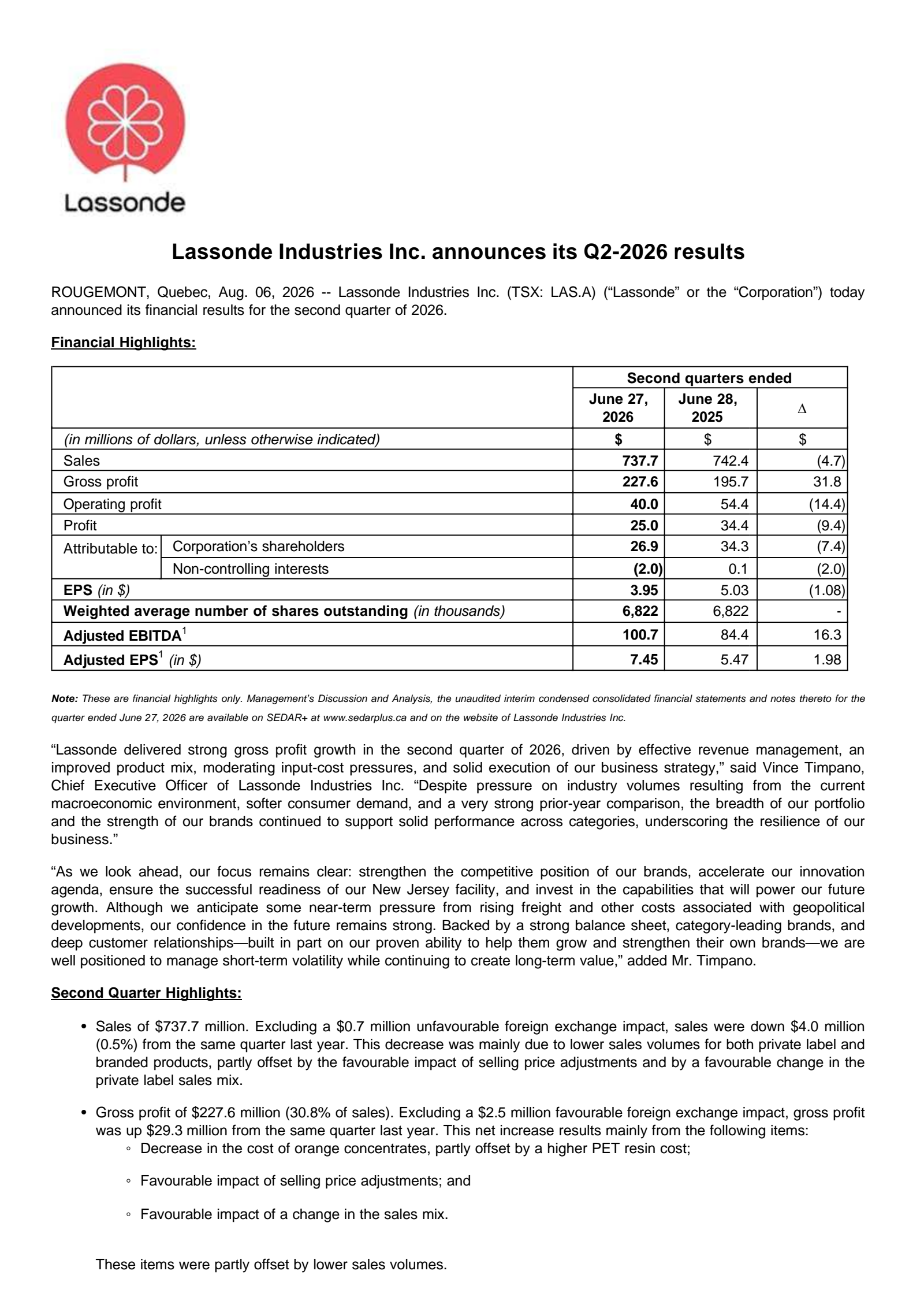 Lassonde Industries' Q2 2026 Press Release