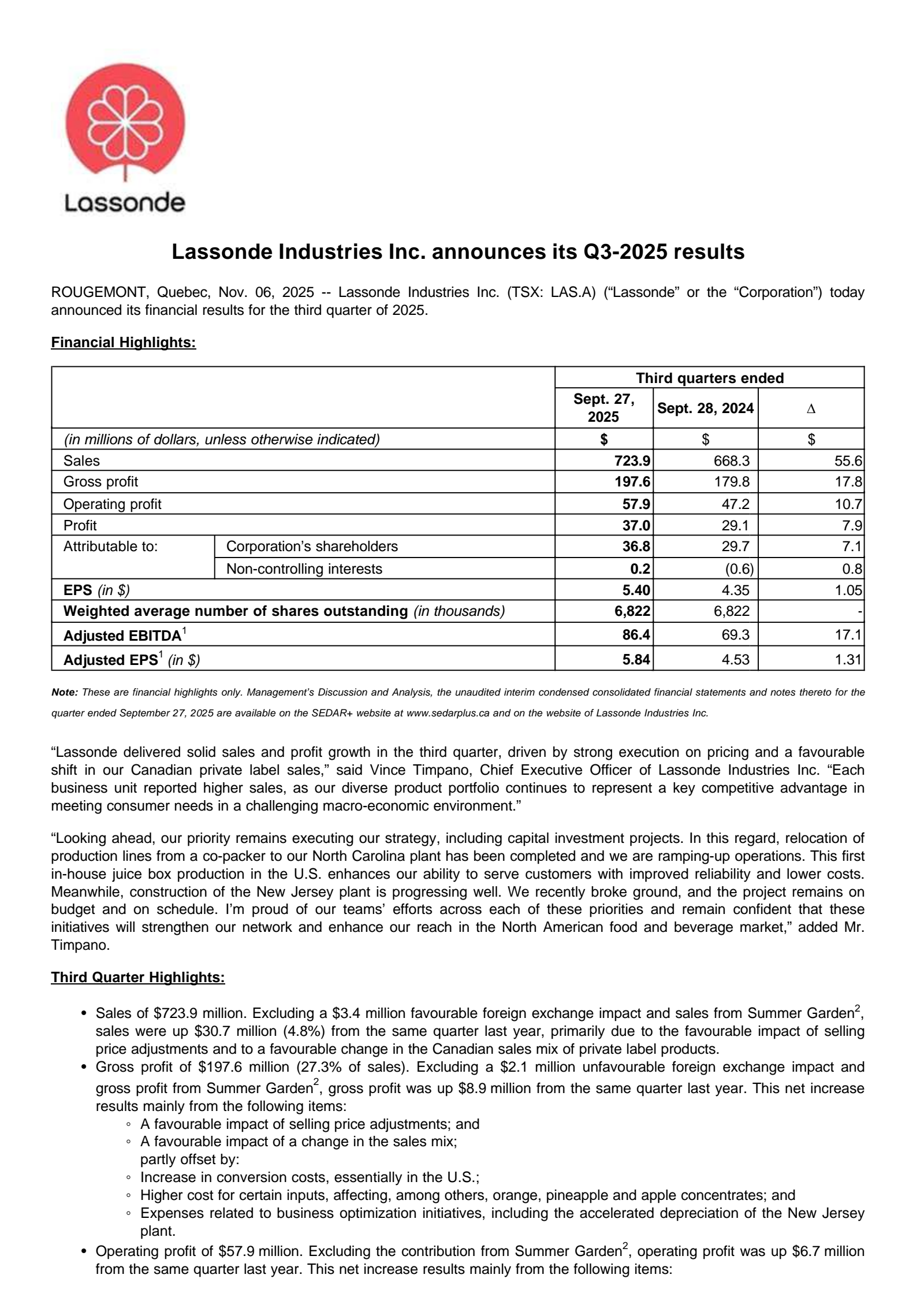 Lassonde Industries' Q3 2025 Earnings Release