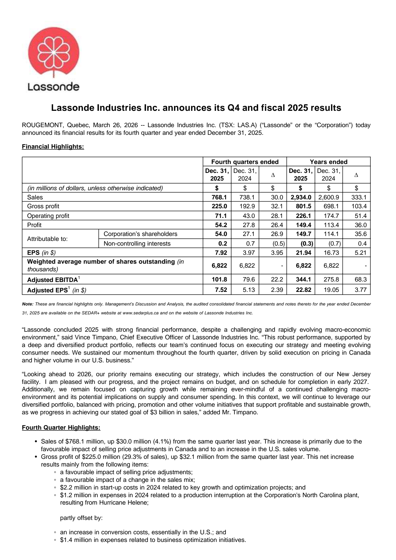 Lassonde Industries' Q4 2025 Press Release