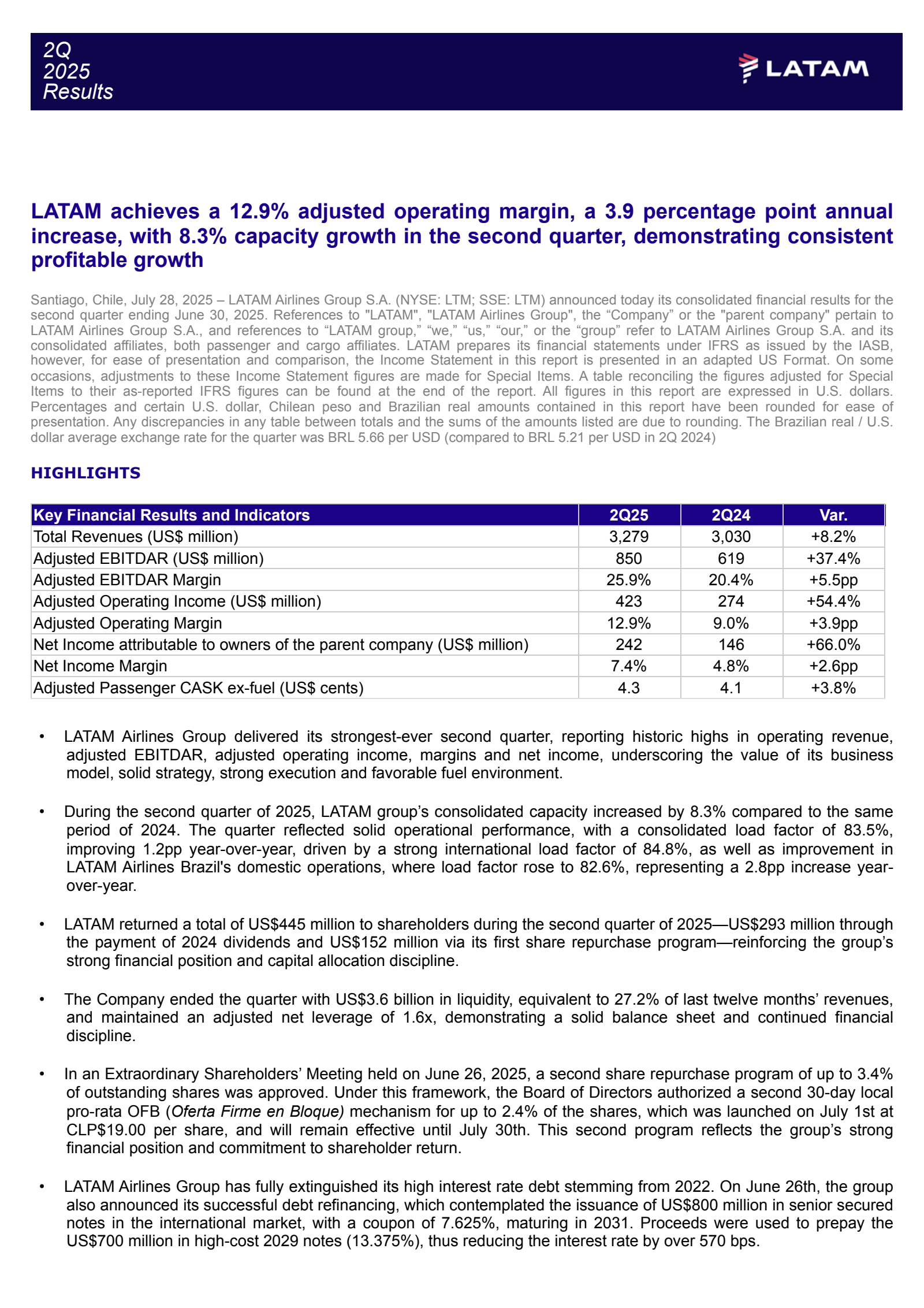 LATAM Airlines Group's Q2 2025 Press Release