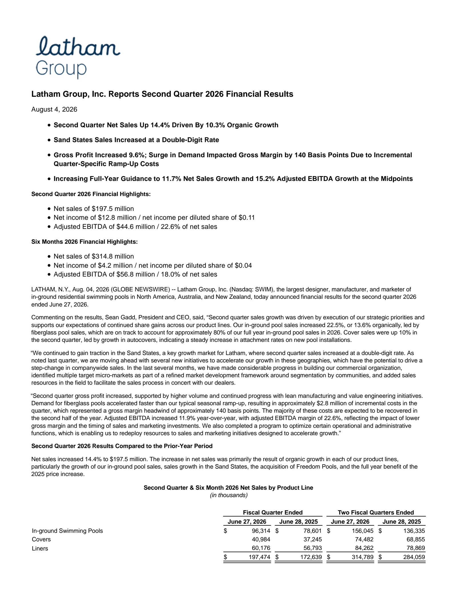 Latham Group's Q2 2026 Press Release