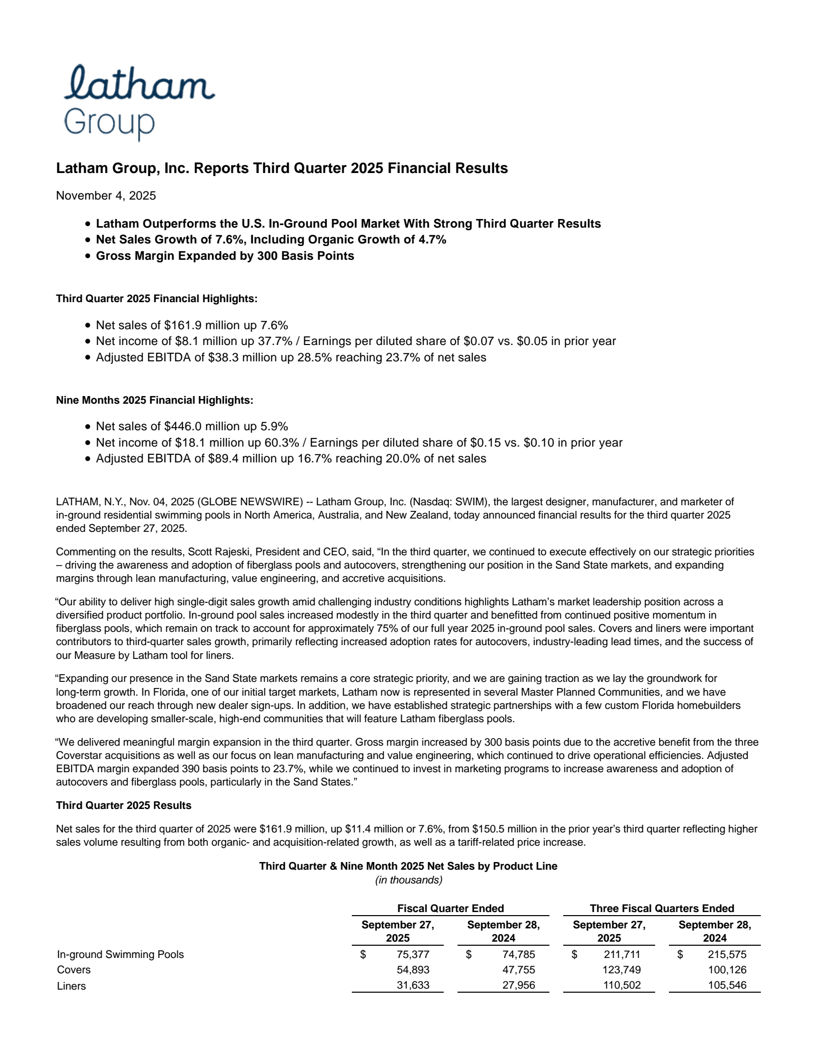 Latham Group's Q3 2025 Earnings Release
