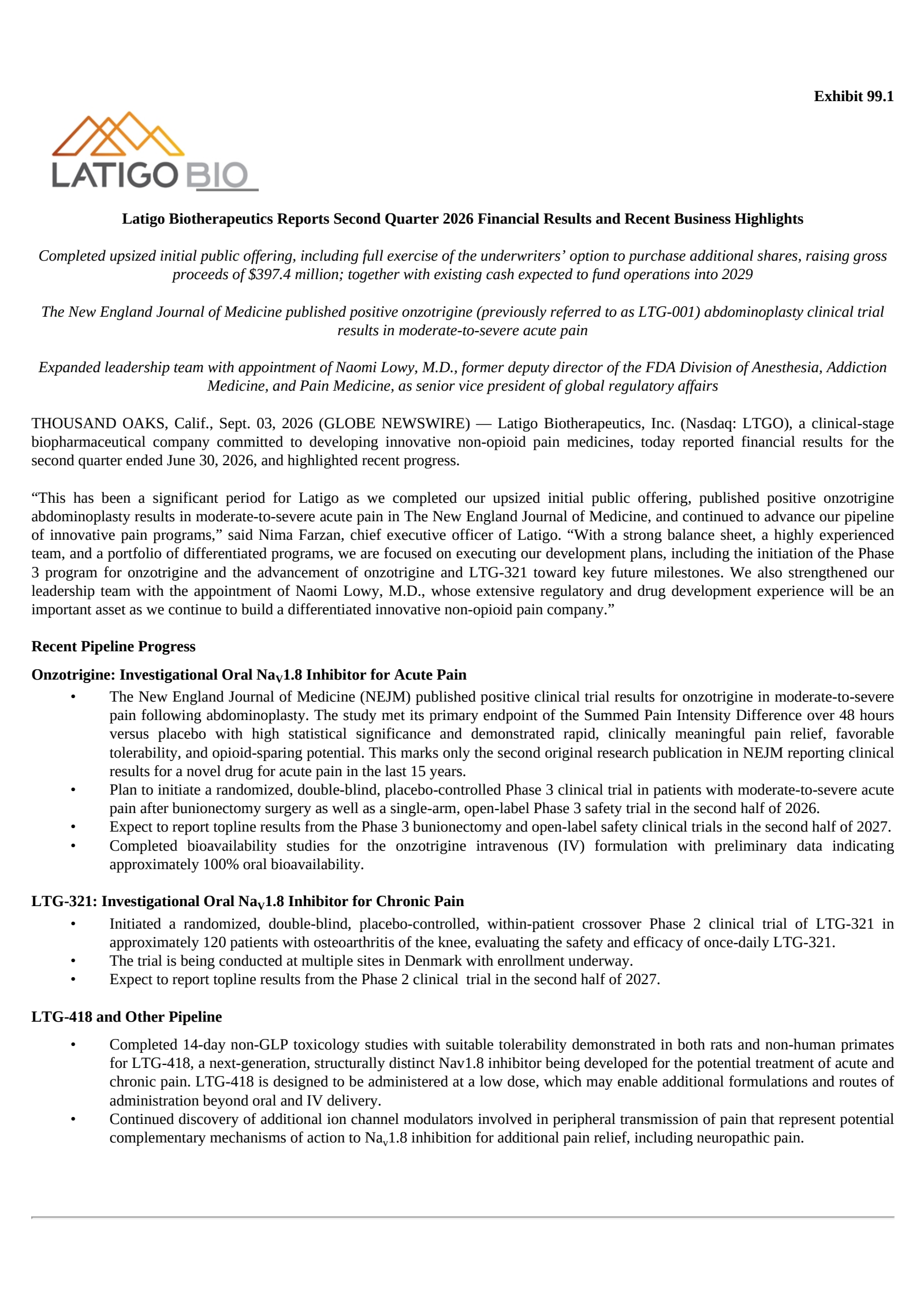 Latigo Biotherapeutics' Q2 2026 Press Release