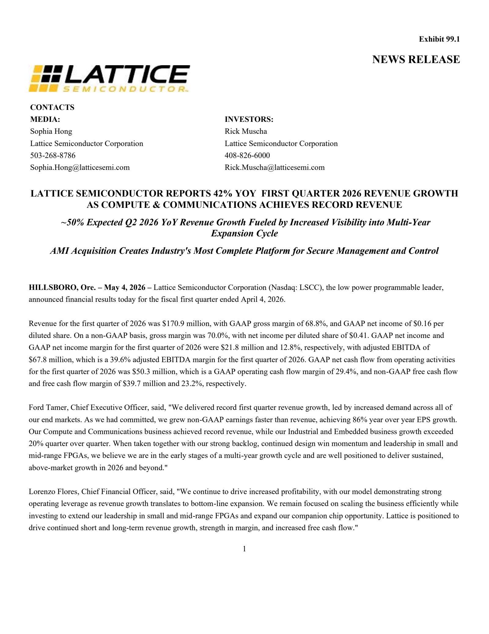 Lattice Semiconductor's Q1 2026 Press Release