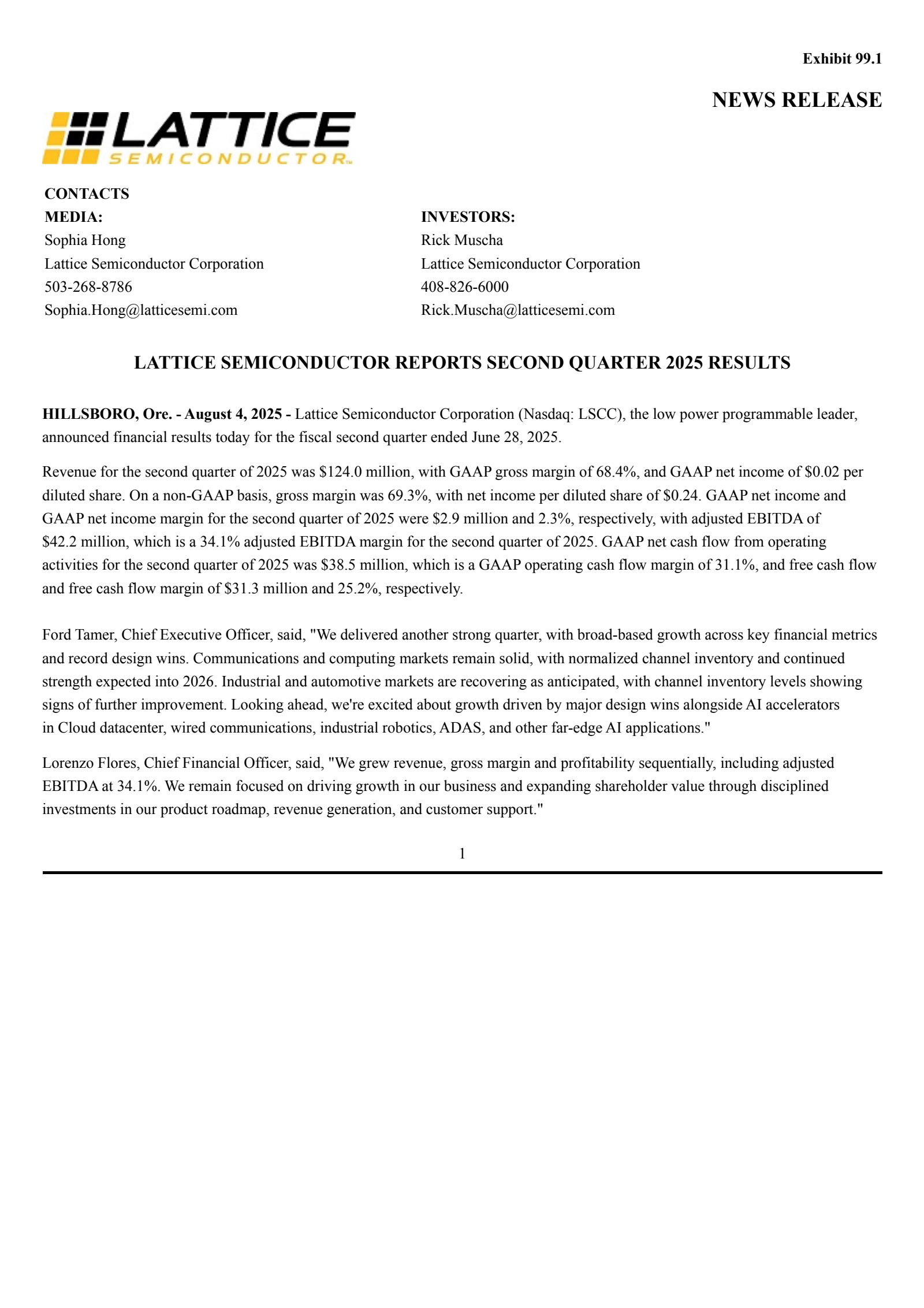 Lattice Semiconductor's Q2 2025 Press Release