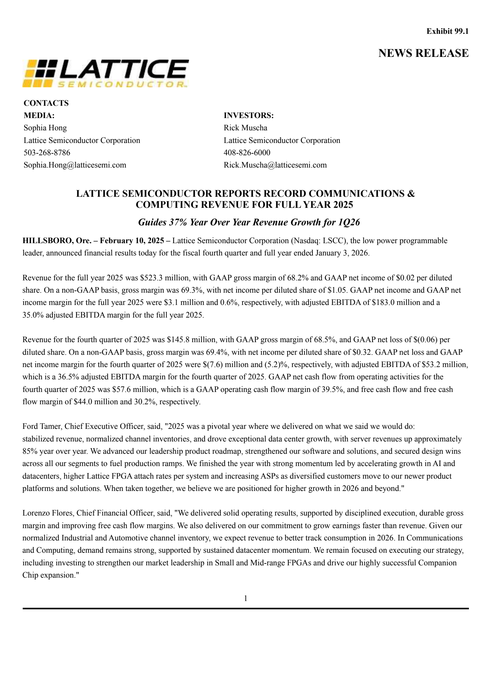 Lattice Semiconductor's Q4 2025 Press Release