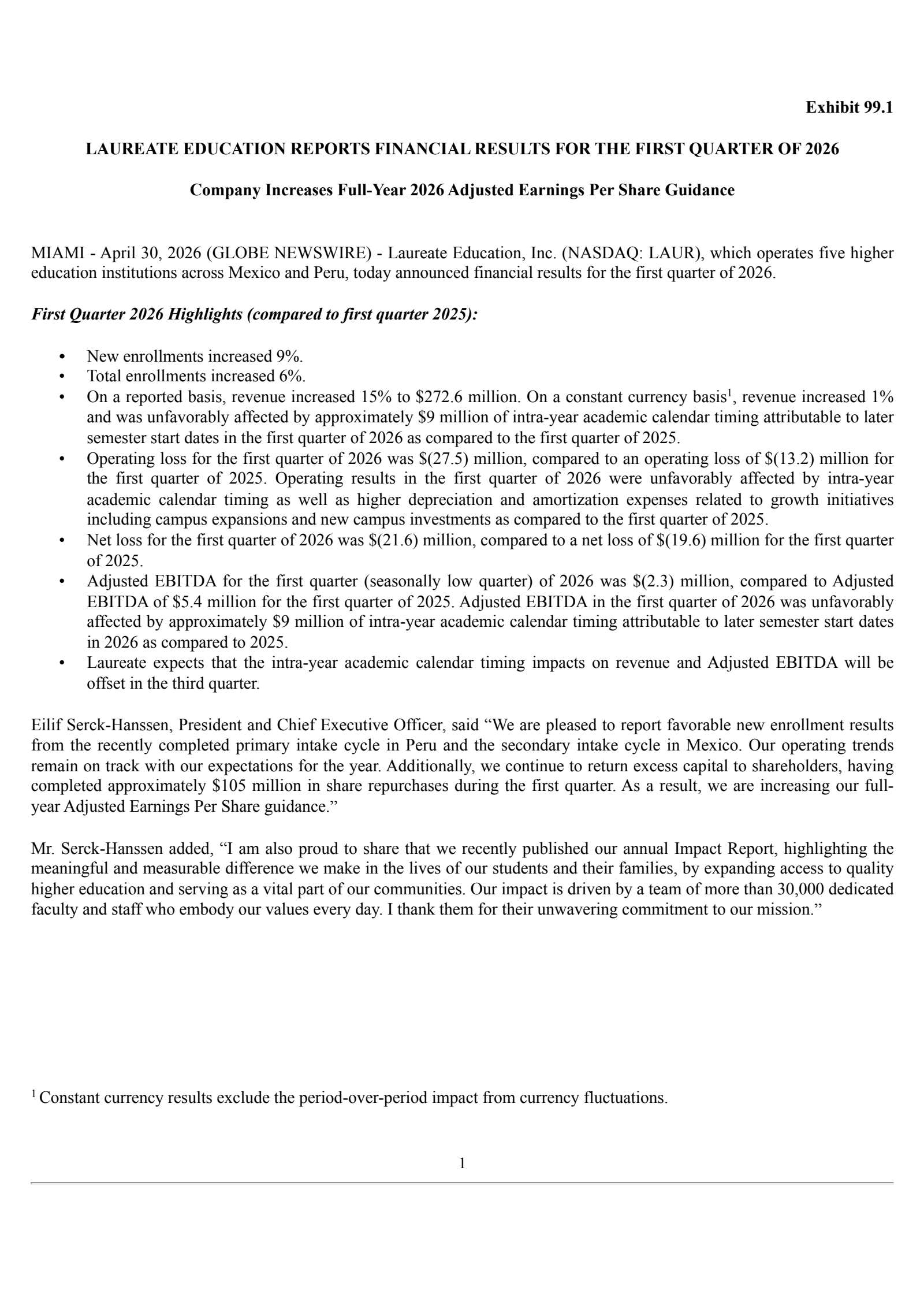 Laureate Education's Q1 2026 Press Release