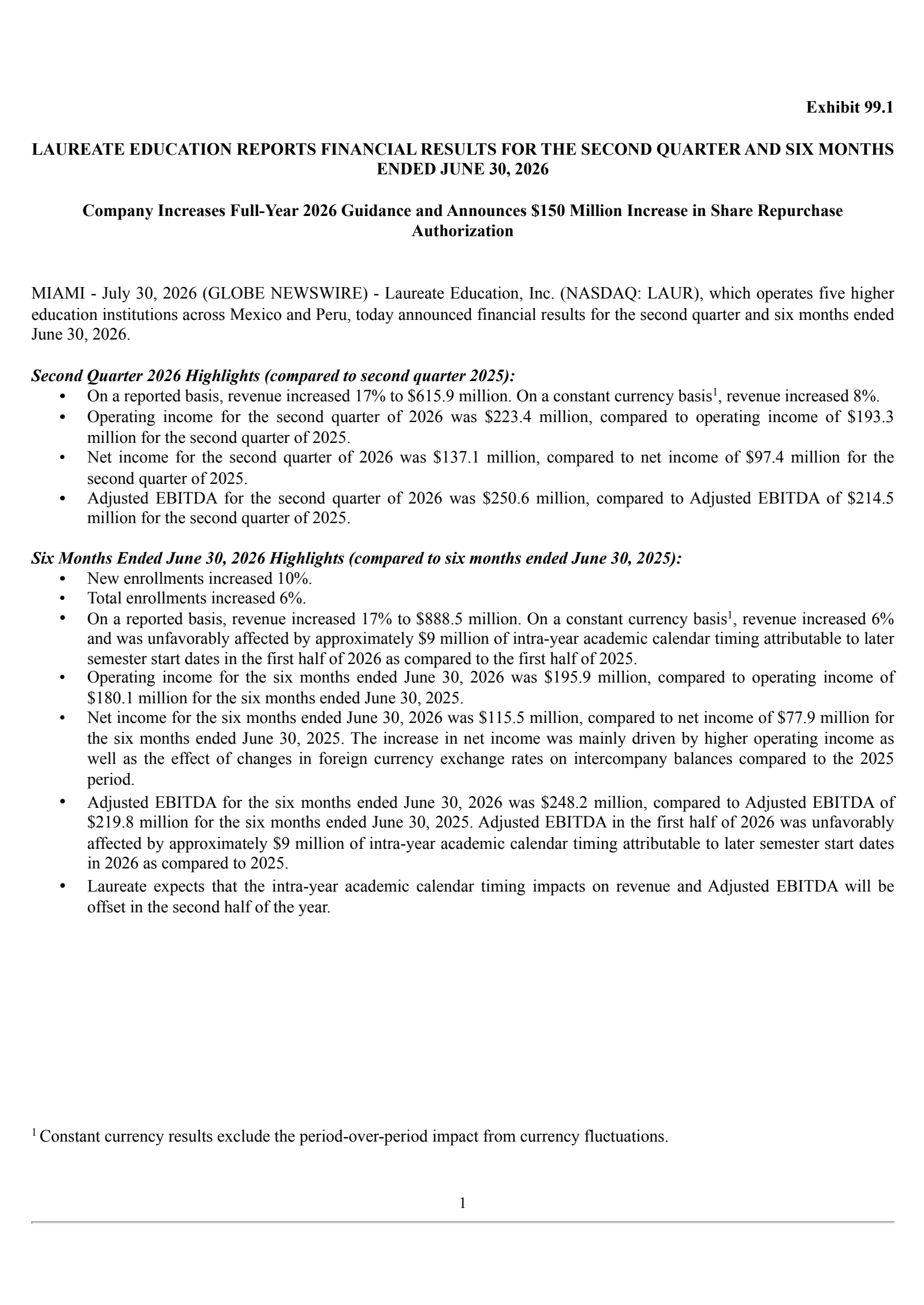 Laureate Education's Q2 2026 Press Release