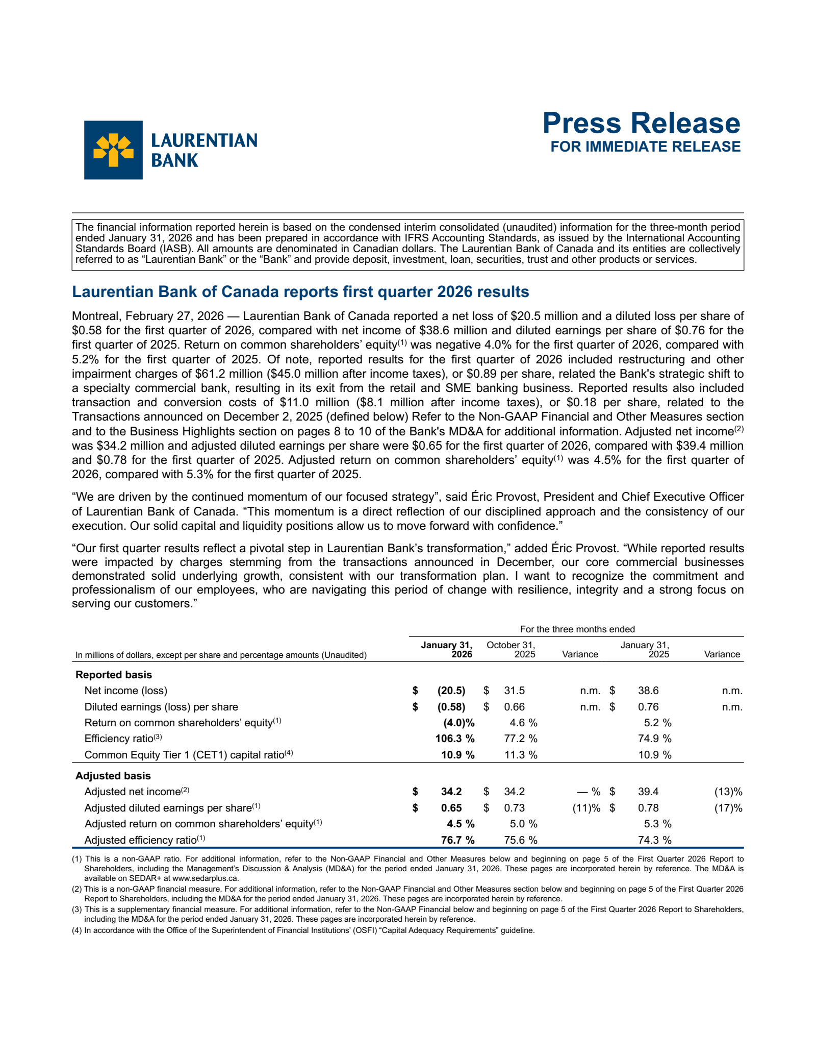 Laurentian Bank of Canada's Q1 2026 Press Release