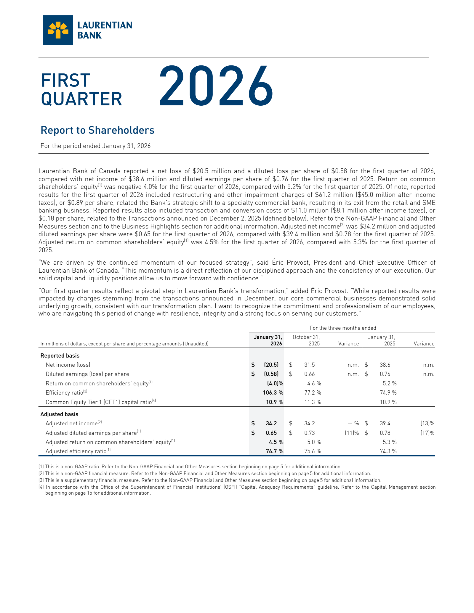 Laurentian Bank of Canada's Q1 2026 Interim report