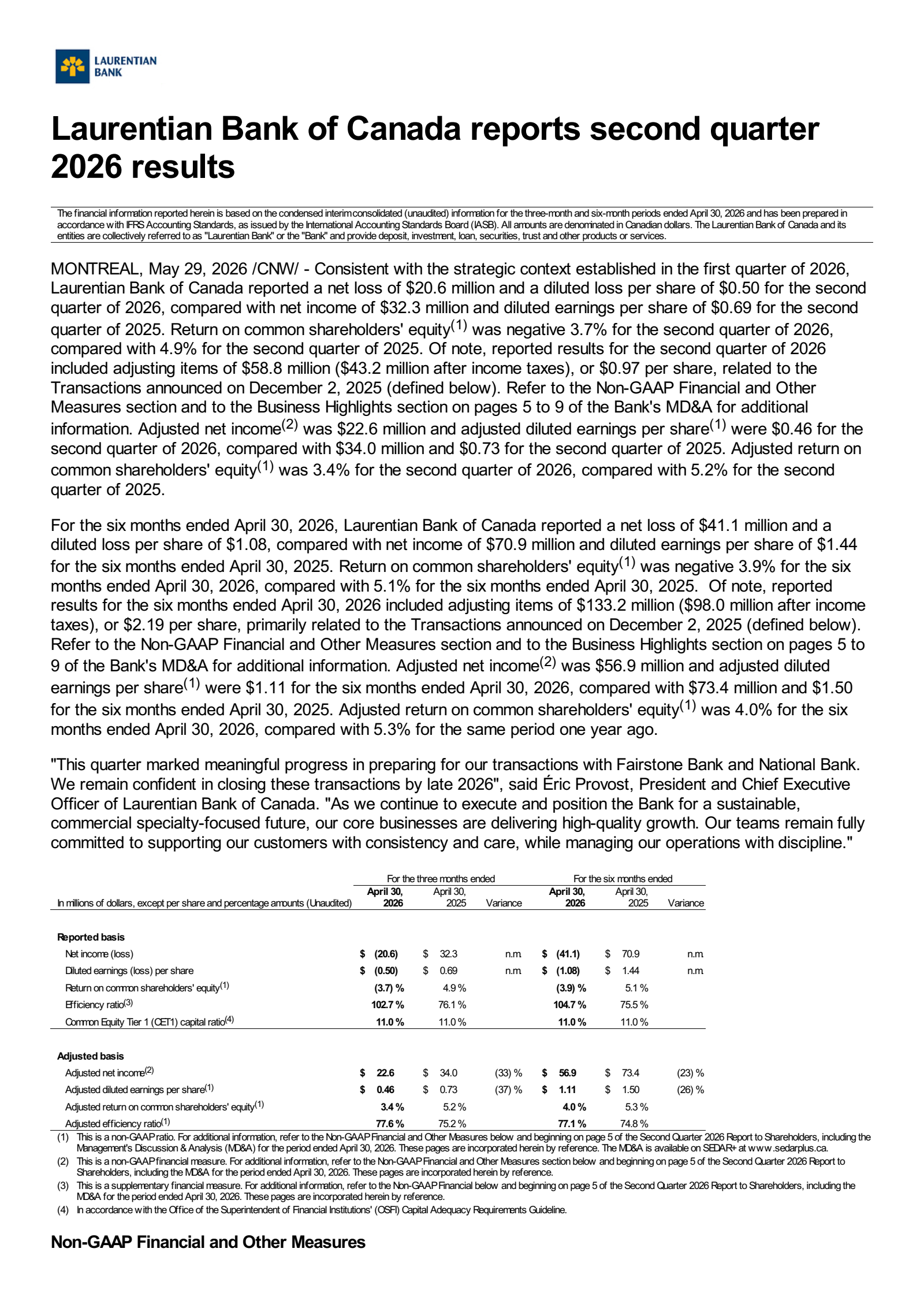 Laurentian Bank of Canada's Q2 2026 Press Release